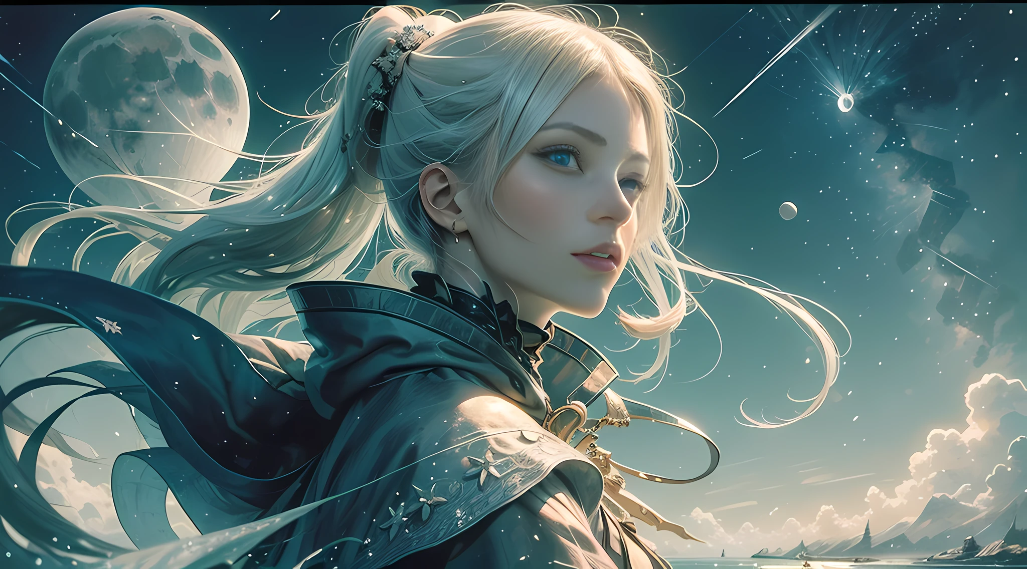 Masterpiece, (Best Quality: 1.2), (Super Fine: 1.2), Illustration, (Extremely Delicate and Beautiful: 1.2), Film Angle, Floating, (Beautiful Detail Eye: 1.1), (Detail Light: 1.1), Film Lights, Delicate Sky, Woman, White Hair, Blue Eyes, (High Ponytail: 1.1), Cloak, Glowing Eyes, (Moon: 1.2), (Moonlight: 1.1), Starry Sky, (Light Particles: 1.1), Fog , snow painting, sketching, blooming