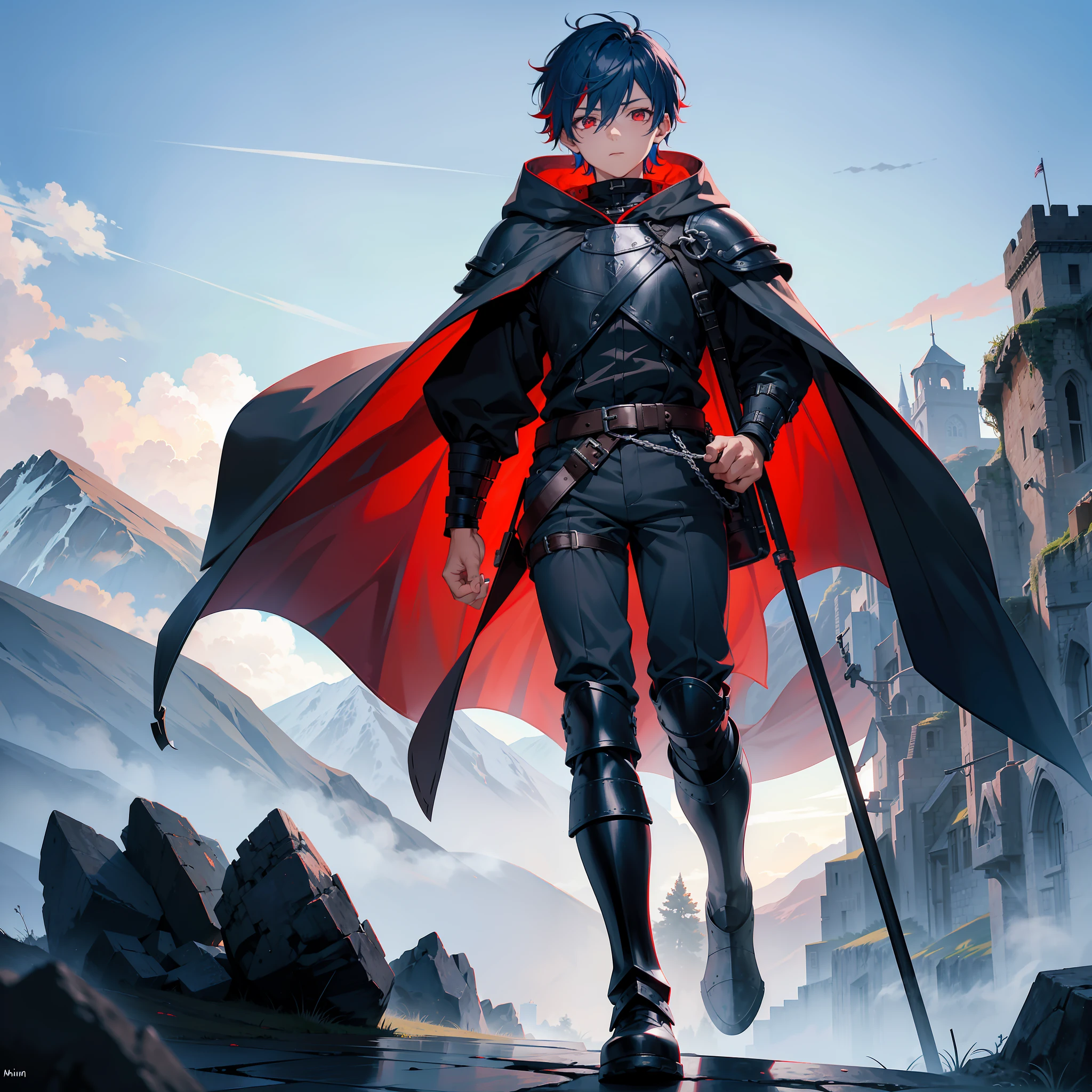 A boy, , red eyes, sky blue hair, dark and expressionless personality, short stature, lean muscular body, full black armor, gray hood, gray pants and boots, walking on a mountain of medieval England