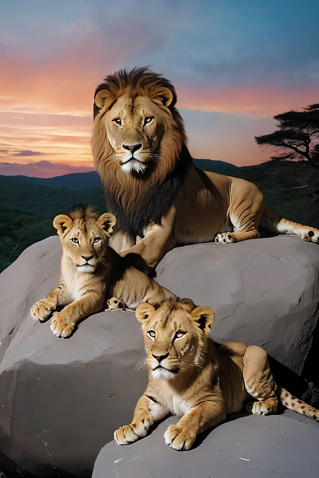 guttonerdvision5, (((a 3-year-old boy))) wearing glasses, detailed and realistic face, ((a family of lions, male lion, female lioness)), (((cute cubs)). Scene on a rock, realistic, ultra detailed, reddish sky, sunset, real, professional photography, dslr