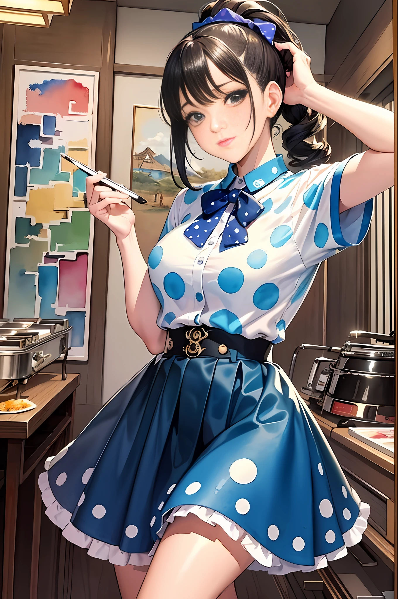 (Masterpiece, Top Quality, Best Quality, Watercolor (Medium), Official Art, Beautiful and Aesthetic: 1.2), (1 Girl: 1.3), (Fractal Art: 1.3), 70s Japan, Rockabilly, Short Sleeve Blouse, Polka Dot Circular Skirt, Ponytail, Bobby Soxer, Saddle Shoes, Rock 'n' Roll, Long Skirt, Dance, Jukebox, Twist