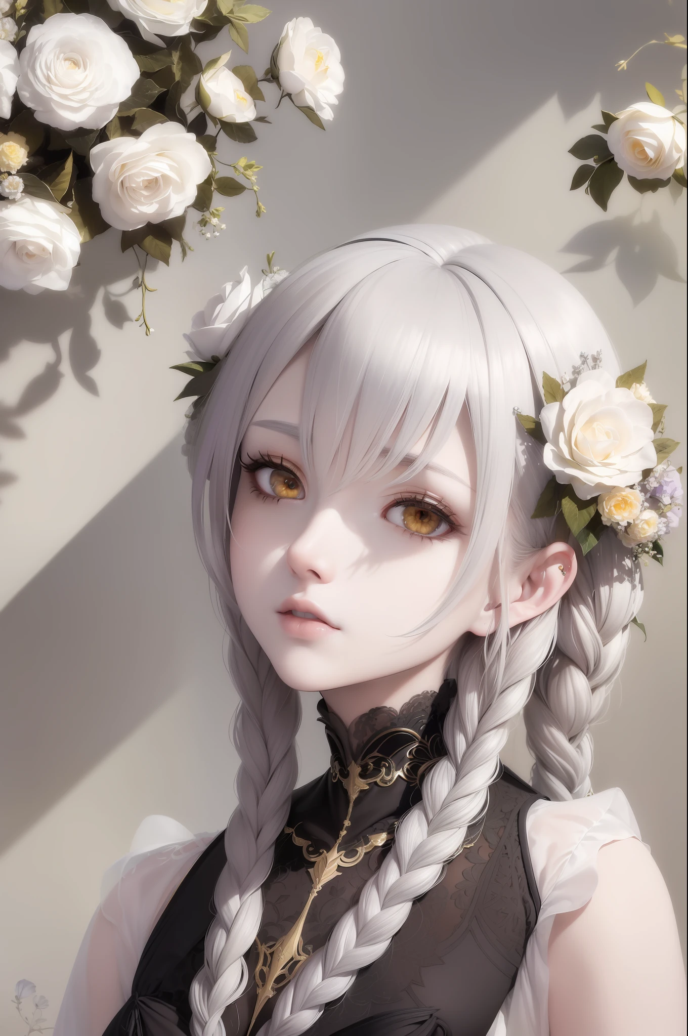 (((Superb Masterpiece))), Gray Hair, ((Golden Eyes)), ((Gothic White)), ((Looking Up)), Upper Body, ((Hair)), ((Fair Skin)), Side Braids, ((Full of Flowers)), Sunny, Wallpaper, Ultra Detailed, Beauty and Aesthetics, Masterpiece, Best Quality, (Fractal Art: 1.3)