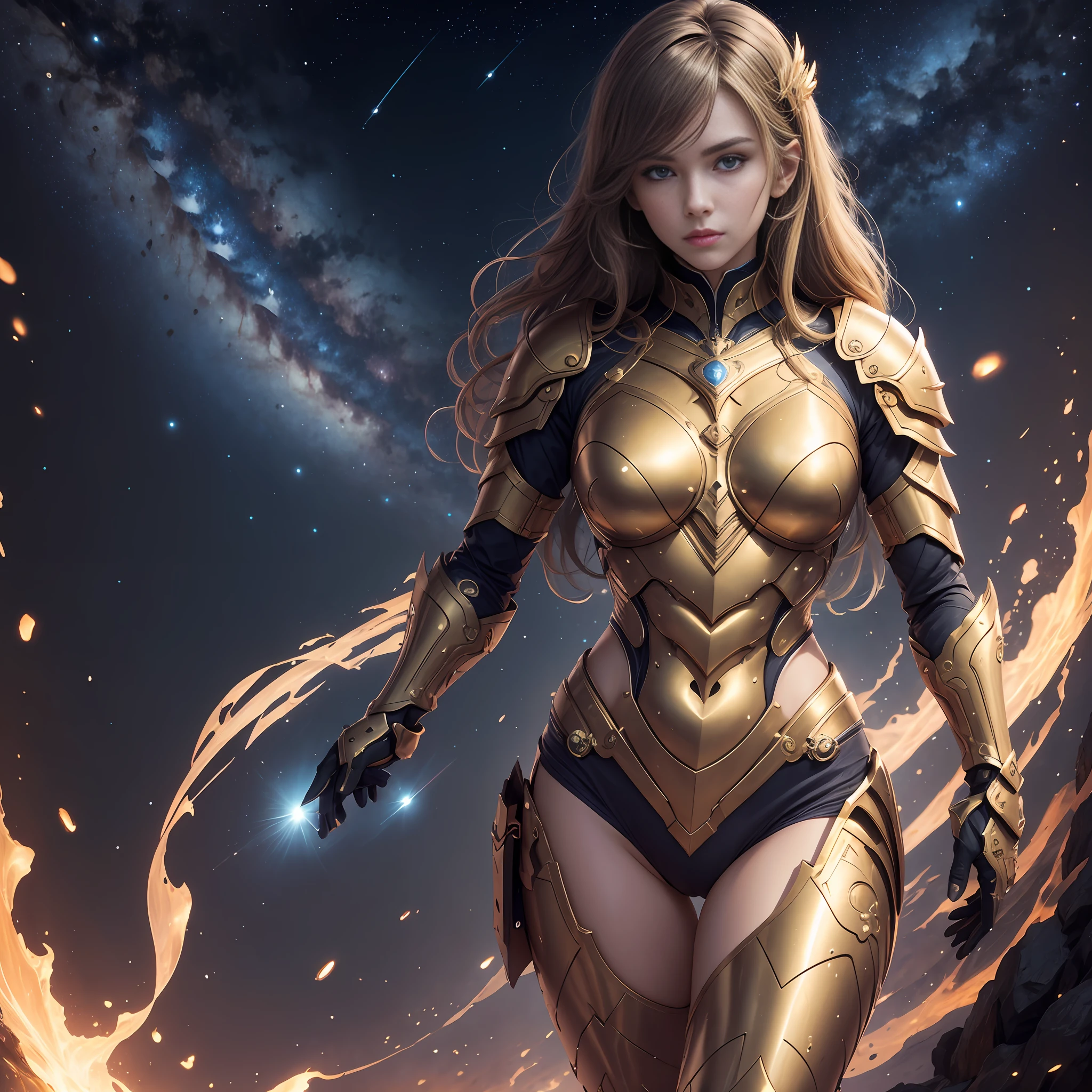 masterpiece, best quality, 8k, 1girl, Libra full body armor, golden armor, perfect muscles, ideal skeleton, beautiful constriction, blue underwear, universe, zodiac sign, fantastic background,