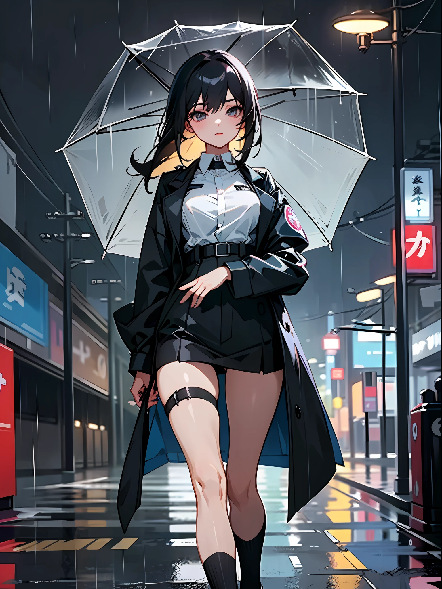 (Best Quality, Masterpiece: 1.3), 1 Girl, this painting depicts a woman in a police uniform standing in the rain, presenting the image of a police officer, she looks particularly dignified in the rain. She has jet black hair that adds to her charm, rainy day, holding an umbrella, looking at the audience, cyberpunk city, anime girl walking on rain-drenched streets in a policewoman uniform, seductive anime girl, correct proportions, Japan, Tokyo, suspender black socks on legs, delicate, night