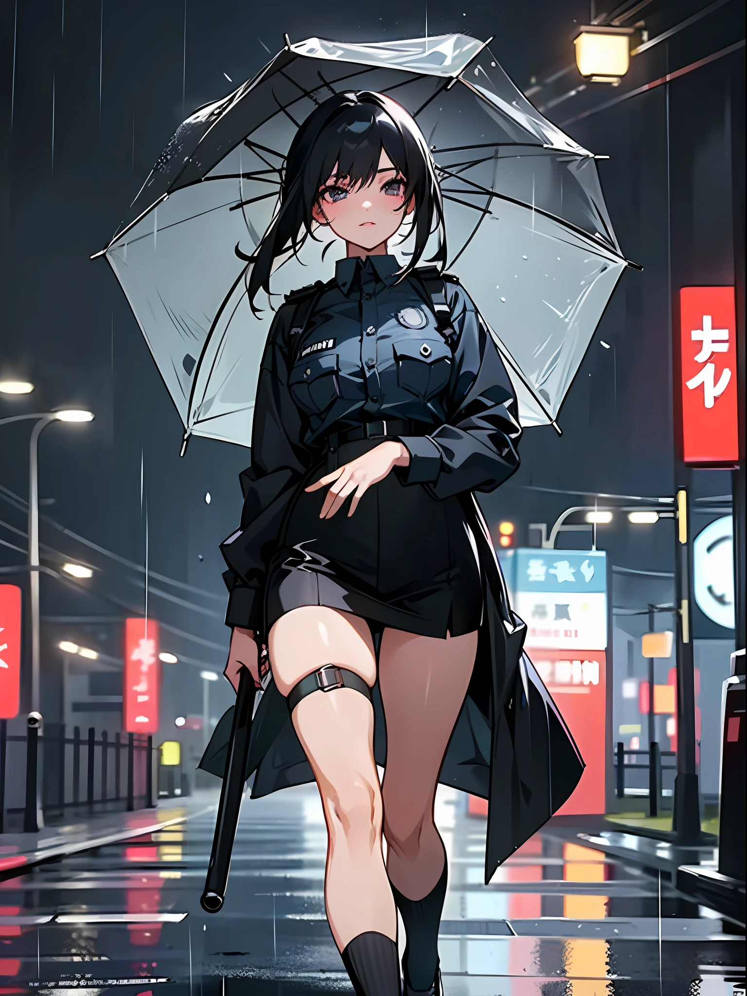 (Best Quality, Masterpiece: 1.3), 1 Girl, this painting depicts a woman in a police uniform standing in the rain, presenting the image of a police officer, she looks particularly dignified in the rain. She has jet black hair that adds to her charm, rainy day, holding an umbrella, looking at the audience, cyberpunk city, anime girl walking on rain-drenched streets in a policewoman uniform, seductive anime girl, correct proportions, Japan, Tokyo, suspender black socks on legs, delicate, night