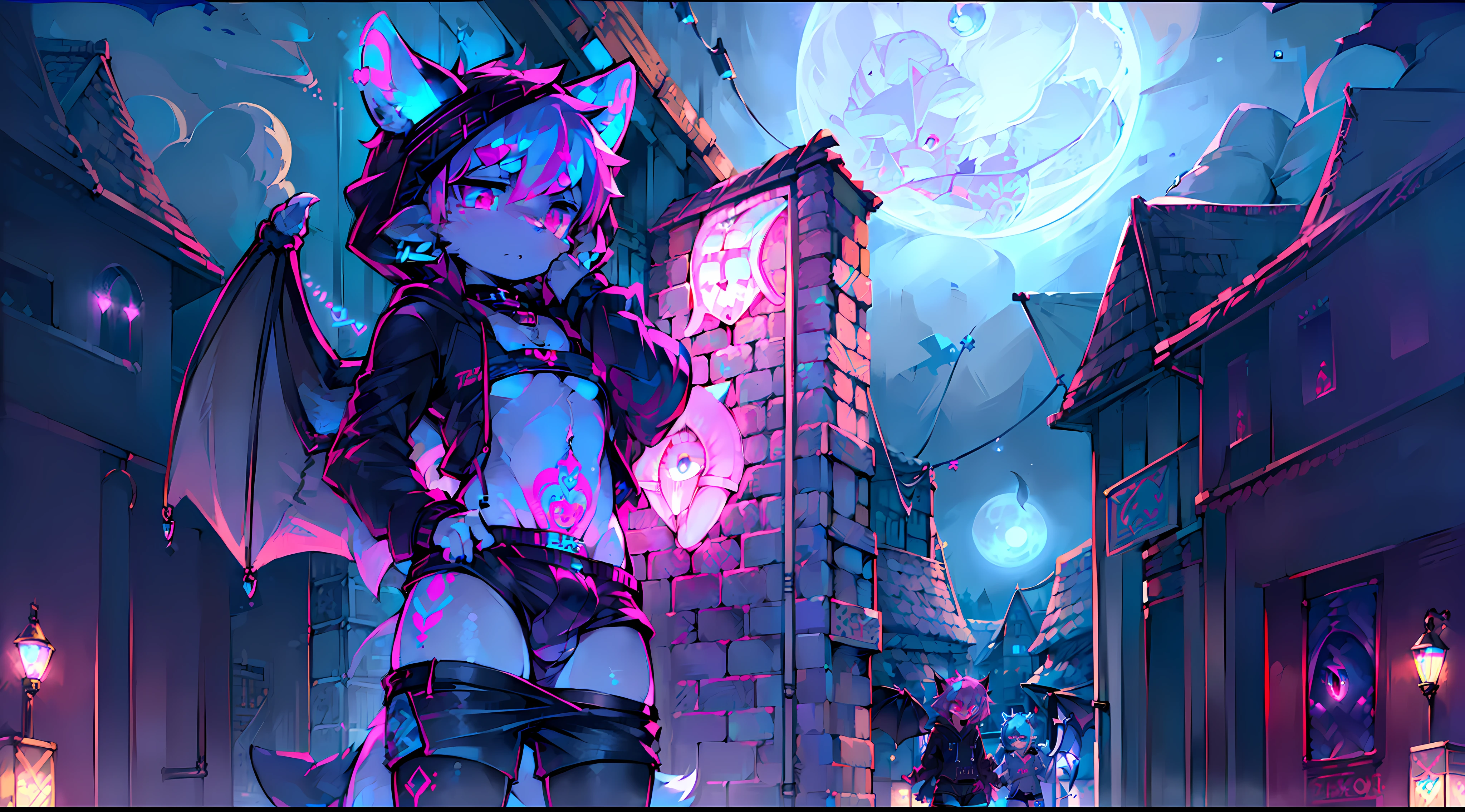 Black Fox, (White Body:1.3), (((masterpiece))), collar, (( Dragon Wings:1.45)), (headphones:1.4), short hair, black hair, blush, (headphones:1.55), ((Thigh High Socks, Femboy Clothing, Femboy Thigh Highs:1.2)), ((a blue eye left, a pink eyes right:1.55)), (((Femboy))), full body, ((womb tattoo, glowing tattoo:1.52)), ((guy look like women:1.52)), (fox tail:1.52), Full HD, 8K, (( short pant, Hoodie crop:1.52)), ((underwear:1.45)), ((full moon, blue moon:1.45)) public, (small breasts:1.35), (Trap:1.55), (shy:1.55), (underwear keyhole:1.57), fluffy sonar,  winter land, Furry Cub, cub boys , Yaoi/Gay, ((blue eyes:1.55)), ((pink eyes:1.55)), (bra:1.25)