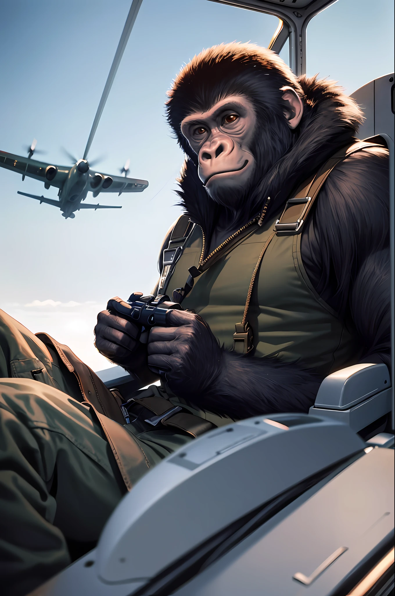 Masterpiece, best quality, realistic , cold monkey, gorilla, blur, cable, (flying plane: 1.2), sitting in the cockpit of an airplane, holding a tank, wearing a US Marine uniform, gloves, infrared sleeve, (holding an aircraft joystick: 1.2), hood, solo,