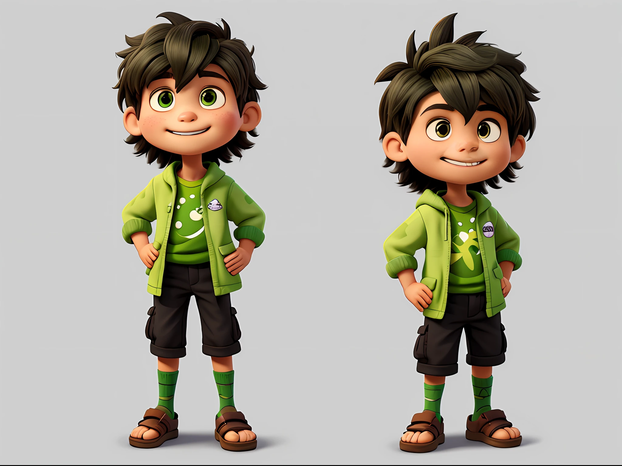 sketches of a , wearing dinosaur clothing, black shorts and green sandals, highlighted dark hair, high quality character design, character design art, children's art in artstation, highly detailed character design, cartoon concept art, character design, professional character design, character design concept art, concept art illustration,  colorful concept art, character concept art, stylized character design, [character design], different poses,
