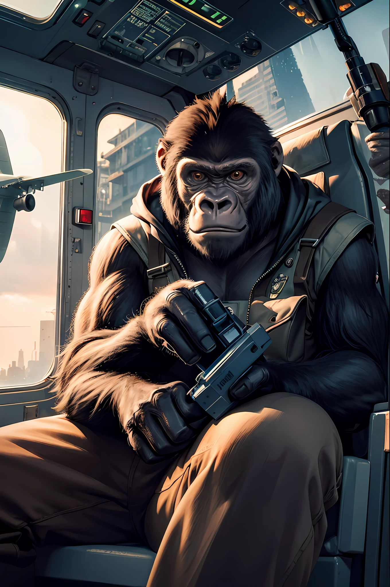Masterpiece, best quality, realistic , cold monkey, gorilla, blur, cable, (flying plane: 1.2), sitting in the cockpit of an airplane, holding a tank, wearing a US Marine uniform, gloves, infrared sleeve, (holding an aircraft joystick: 1.2), hood, solo,