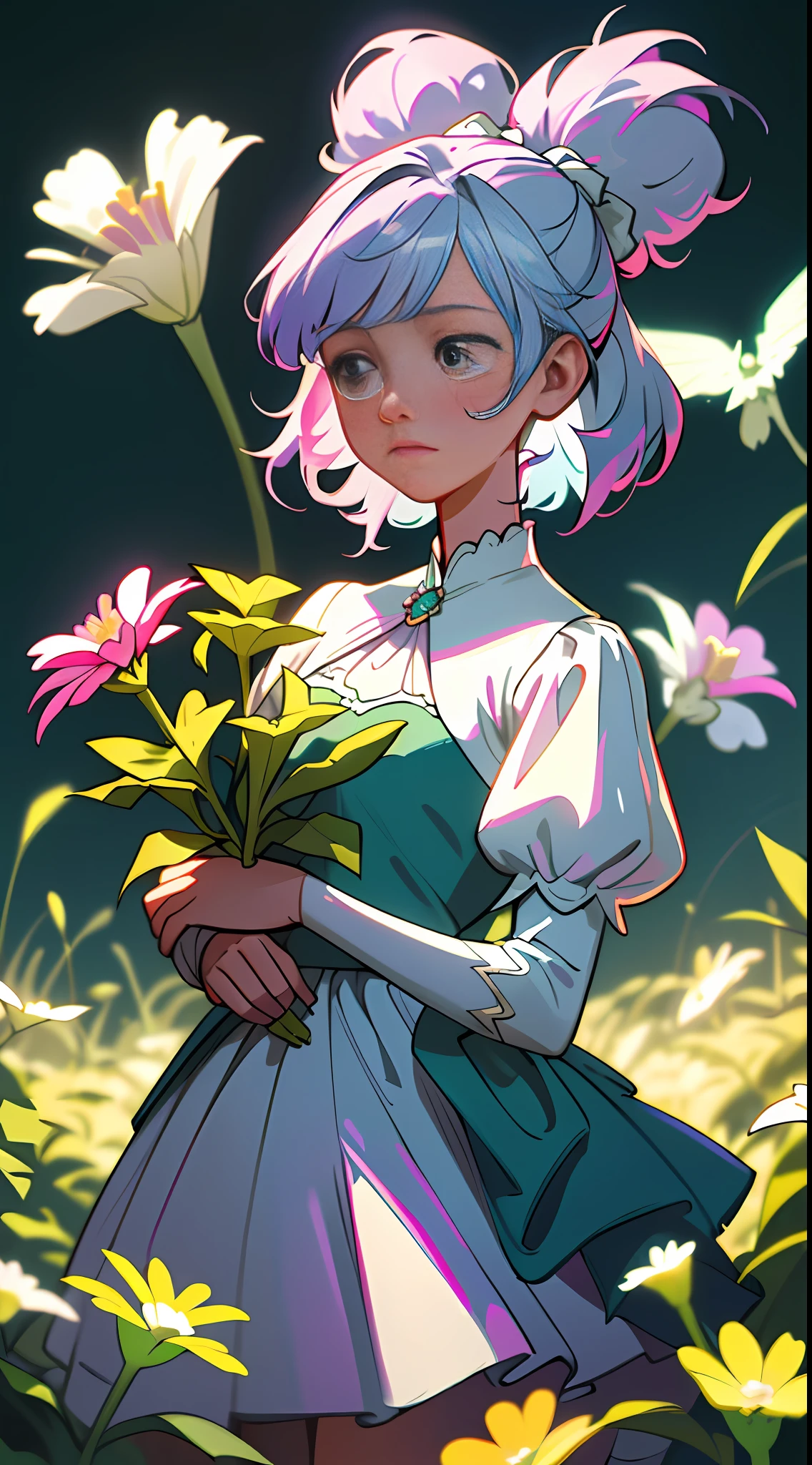 Extremely detailed CG masterpiece, stunningly beautiful and delicate "Flower Girl" with multicolored hair, (blue: 1.3|pink|silver: 1.3|yellow: 1.3|green: 1.3|purple), wearing a lovely white dress with ruffles and bows, surrounded by blooming flowers, in a serene and dreamy atmosphere with soft focus, depth of field and Volumetric light,3D art,in the style of unreal engine 5