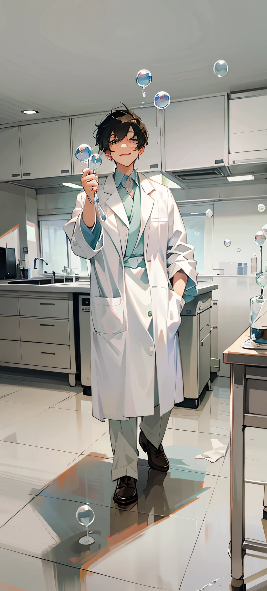 Man in white lab coat standing in lab, guy in lab coat standing in lab, lab coat, lab coat, lab coat, white lab coat, holding bubbles in his hand, smiling all over his face