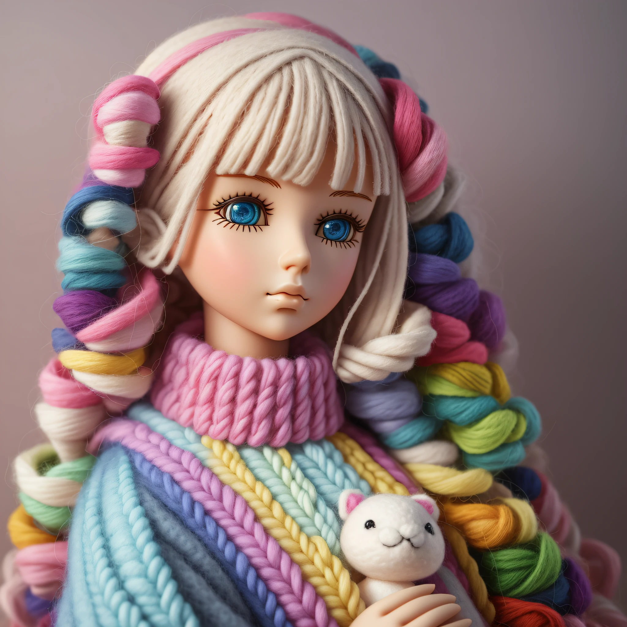 3d illustration of fully produced doll used colored wool, pastel colors, realistic wool, 3d, amazing, high detailing, high quality, realistic textures, only wool threads. the whole wool image.