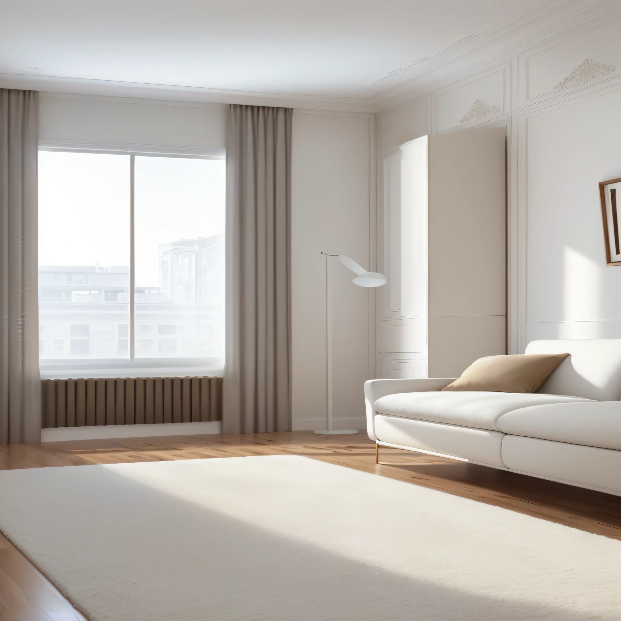 arafed room with a white couch and a white rug, natural light in room, natural window lighting, cream - colored room, warm natural lighting, location in a apartment, brightly lit room, elegant minimalism, soft natural lighting, warm interior, flat neutral tone, beige color scheme, all white render, detailed natural lighting, neutral flat lighting, detailed archviz render