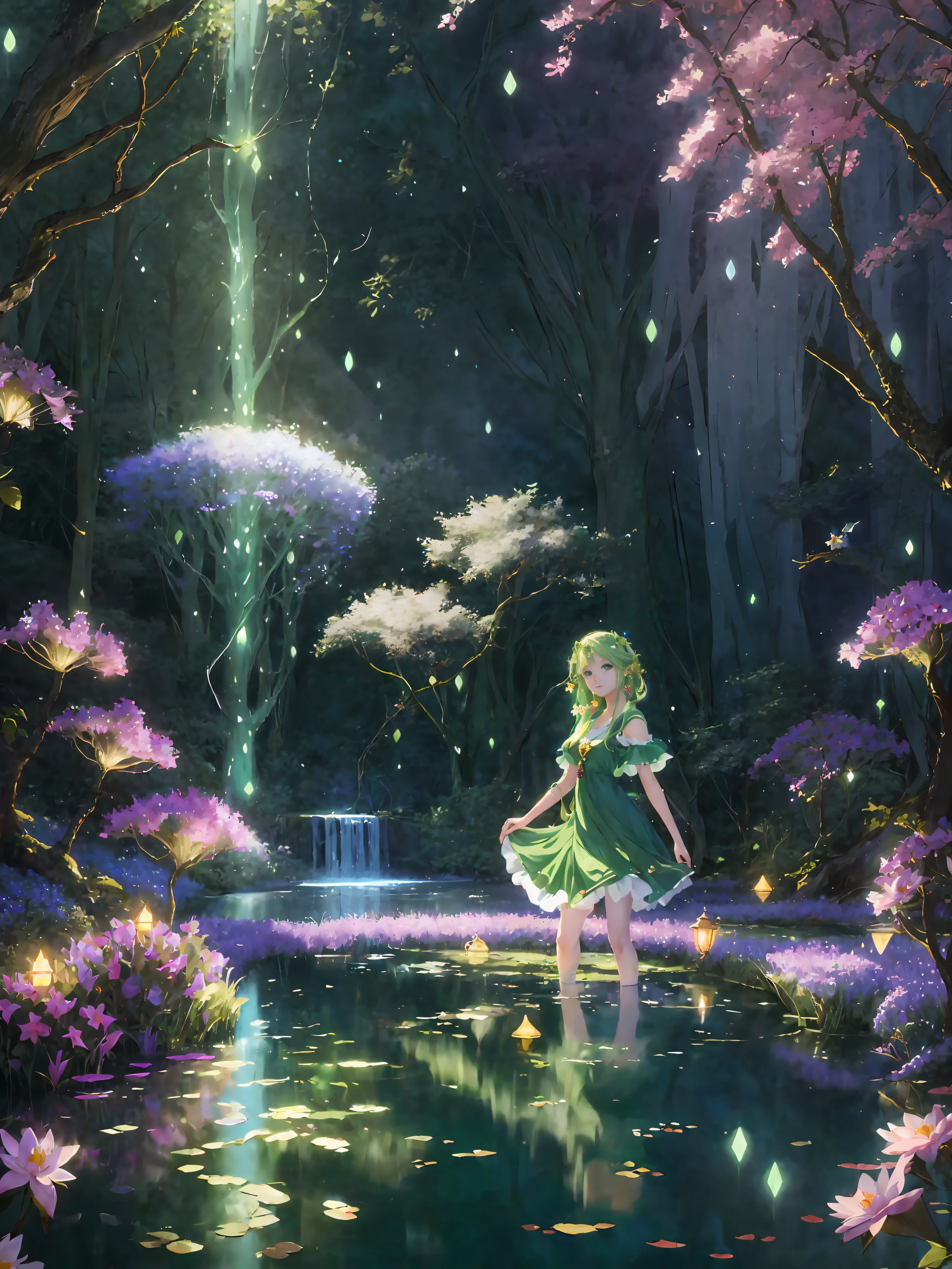 best quality, masterpiece, 8k, wallpaper, photorealistic, (detailed face:1.7), (beautiful face:1.8), (a beautiful girl:1.4) in a green dress standing in a pond surrounded by flowers, lost in a dreamy fairy landscape, beautiful fantasy anime, anime fantasy illustration, magical fantasy forest, anime lush john 8k woods, magic fairy forest, in a magical forest, magical forest in the background, enchanted magical fantasy forest, anime beautiful peace scene, beautiful anime scene, enchanted and magic forest