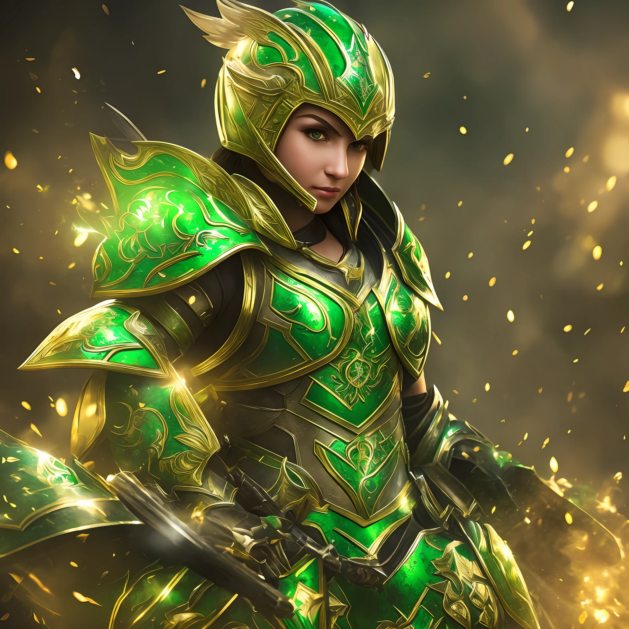 (Woman in light green magical legendary armor), [green helmet, yellow detail], soft lighting, proud pose --auto --s2