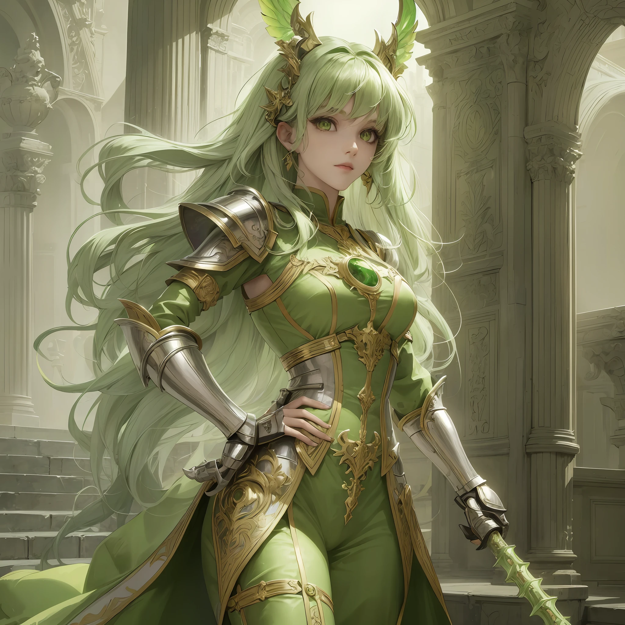 (cute beautiful woman) (light green hair) (yellow eyes) (with light green magical legendary armor), [yellow detail], soft lighting, proud pose --auto --s2
