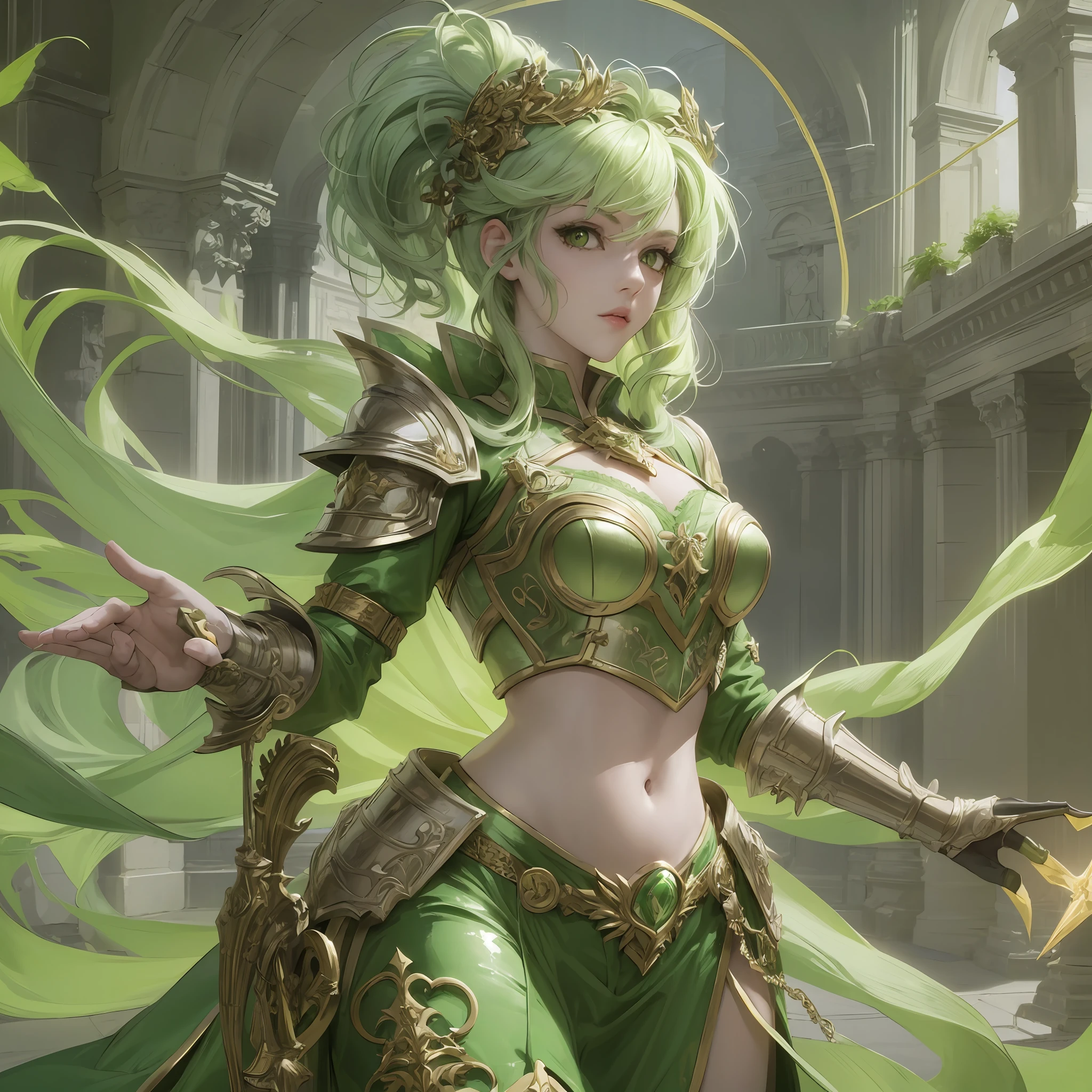 (cute beautiful woman) (light green hair) (yellow eyes) (with light green magical legendary armor), [yellow detail], soft lighting, proud pose --auto --s2