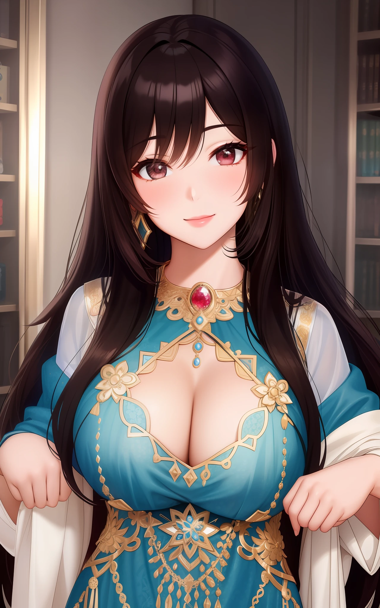 Masterpiece, 4K, (Beautiful dark-haired Asian woman: 1.2), portrait, high quality art, high resolution, high definition, centered, symmetrical, good anatomy, swollen lips, smiling, surprised, blushing, lipstick, beautiful eyes, smooth skin, beautiful woman, jewelry, Moroccan Caftan, blue fabric with gold embroidery, (focus on upper body: 1.2), style, woman, looking at the viewer, smile, symmetrical, centered, closeup, female, athletic, fit, narrow waist, realistic body proportions, realistic, photo-realistic, 8k, highly detailed, LED light, laser lights, fruit-flavored, bright, sexy, anatomically correct, symmetrical anatomy, ulzzang-6500