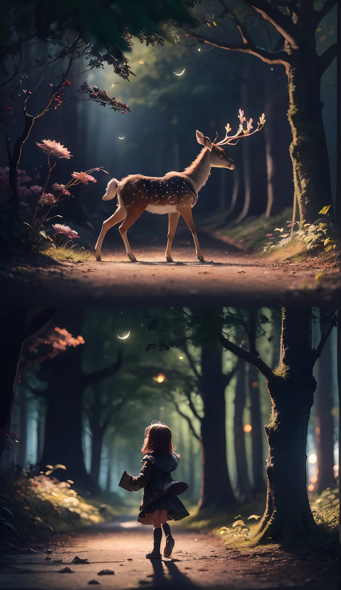 Masterpiece, best quality, (very detailed CG unified 8k wallpaper), (best quality), (best illustration), (best shadow), glowing deer, a beautiful girl playing with deer, natural elements in forest theme. Mysterious forest, beautiful forest, nature, surrounded by flowers, delicate leaves and branches surrounded by fireflies (natural elements), (jungle theme), (leaves), (branches), (fireflies), (particle effects) and other 3D, Octane rendering, ray tracing, super detailed --auto --s2