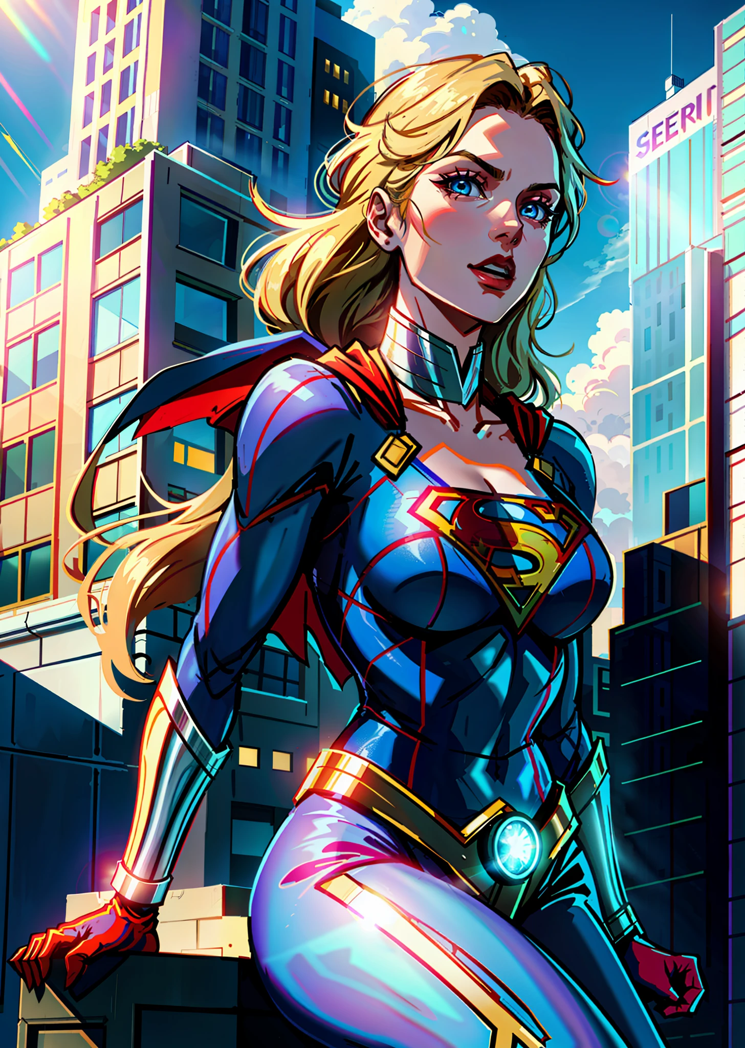 supergirl shooting in front of a building, daylight, light from above, day, big building background
