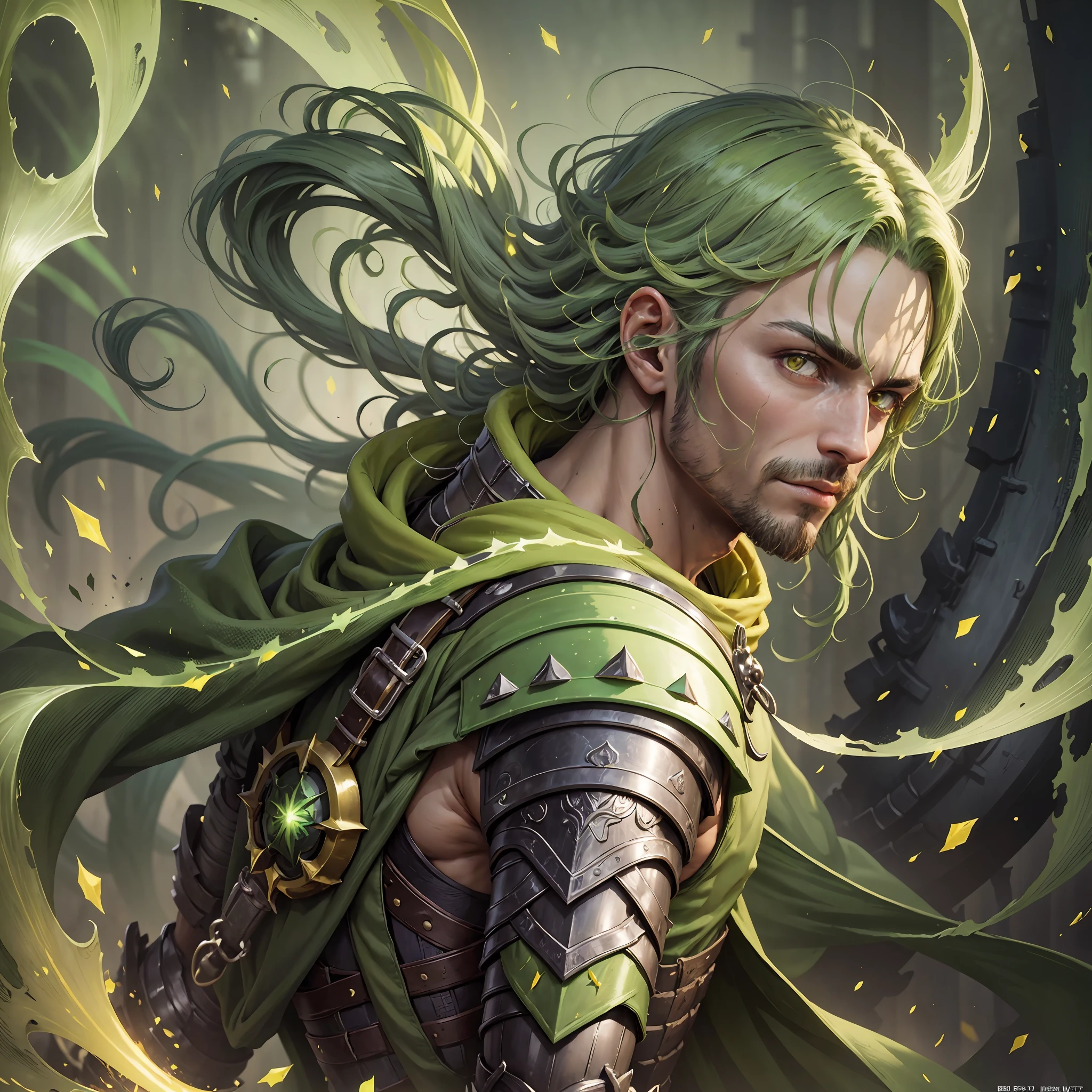 "(Green hair guy),(yellow eyes) with light green magical legendary armor], [illuminated green back cover, with green hood and green sword in the faces, yellow detail], soft lighting, proud pose." --auto --s2