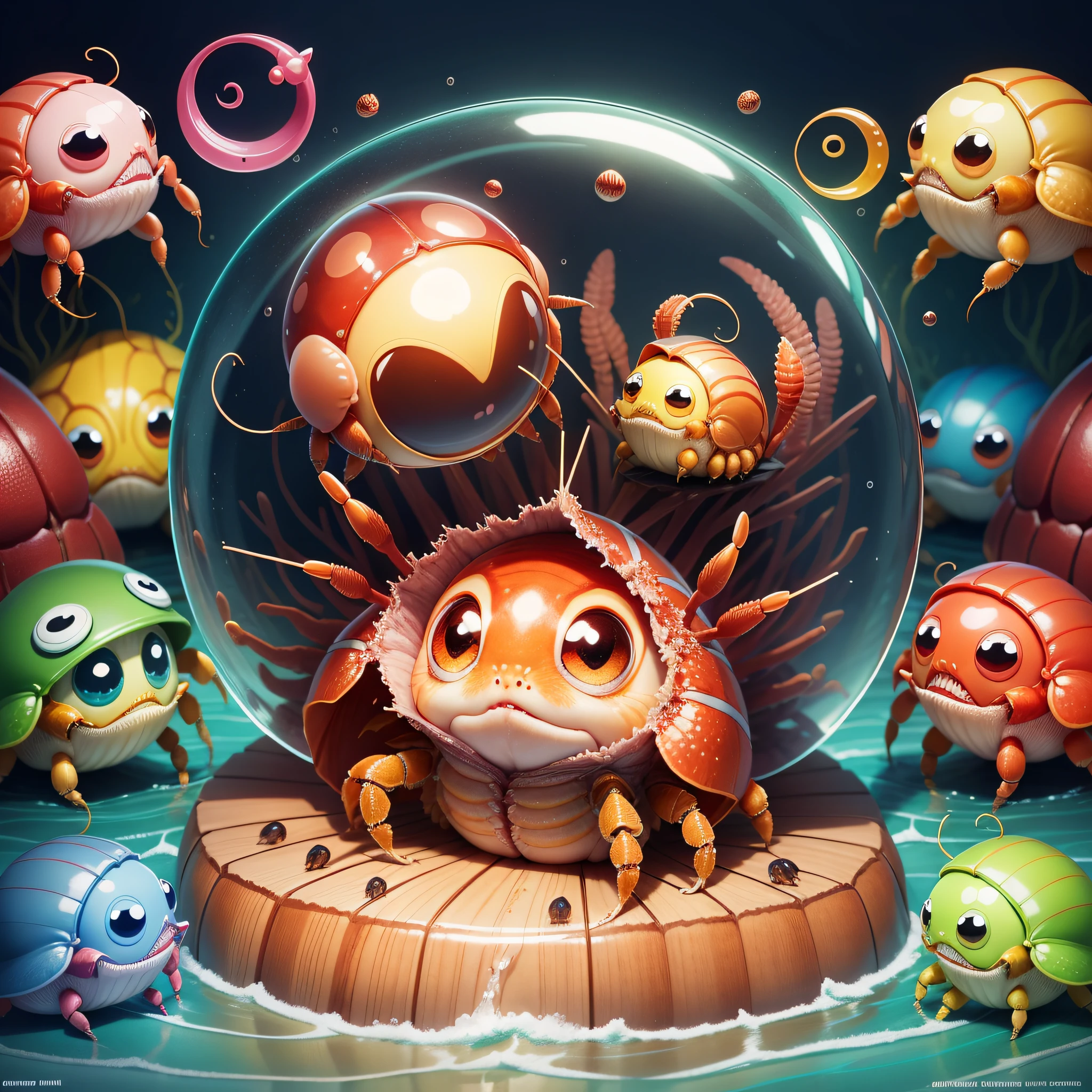 Hermit crab, cute, cartoon, big eyes, round, bright colors, cute expressions, cute shapes, claws, carapaces, sea creatures --auto --s2
