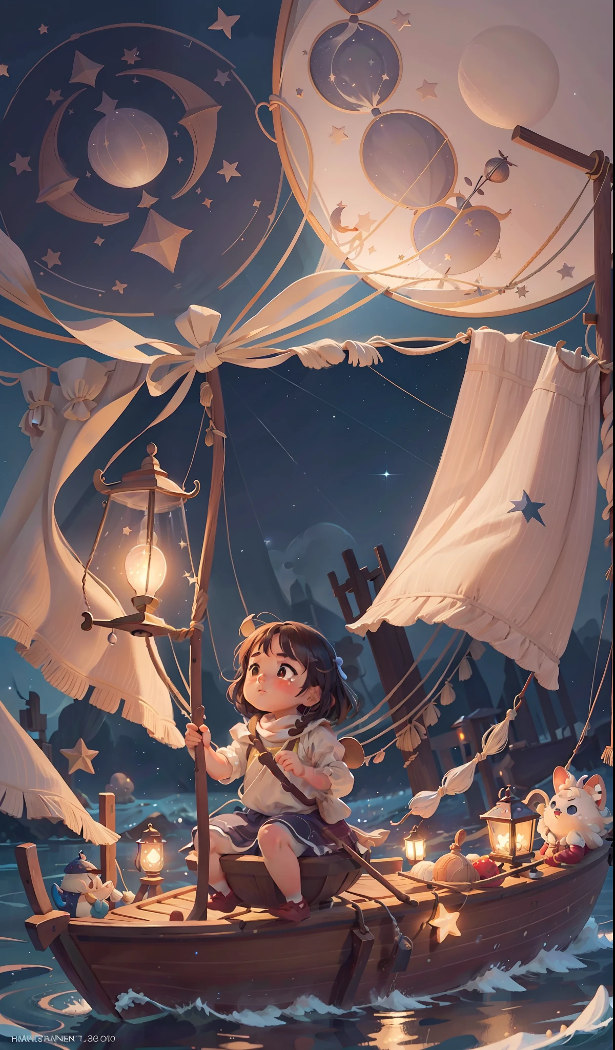 One is under the moon full of stars, there is a person rowing on the sea in the night sky, there is a lamp on the boat, the characters are cleaning the stars, sparkling, warm and romantic, master light and shadow, the sea, super high quality, high-sense illustration, dynamic angle, 8K wallpaper