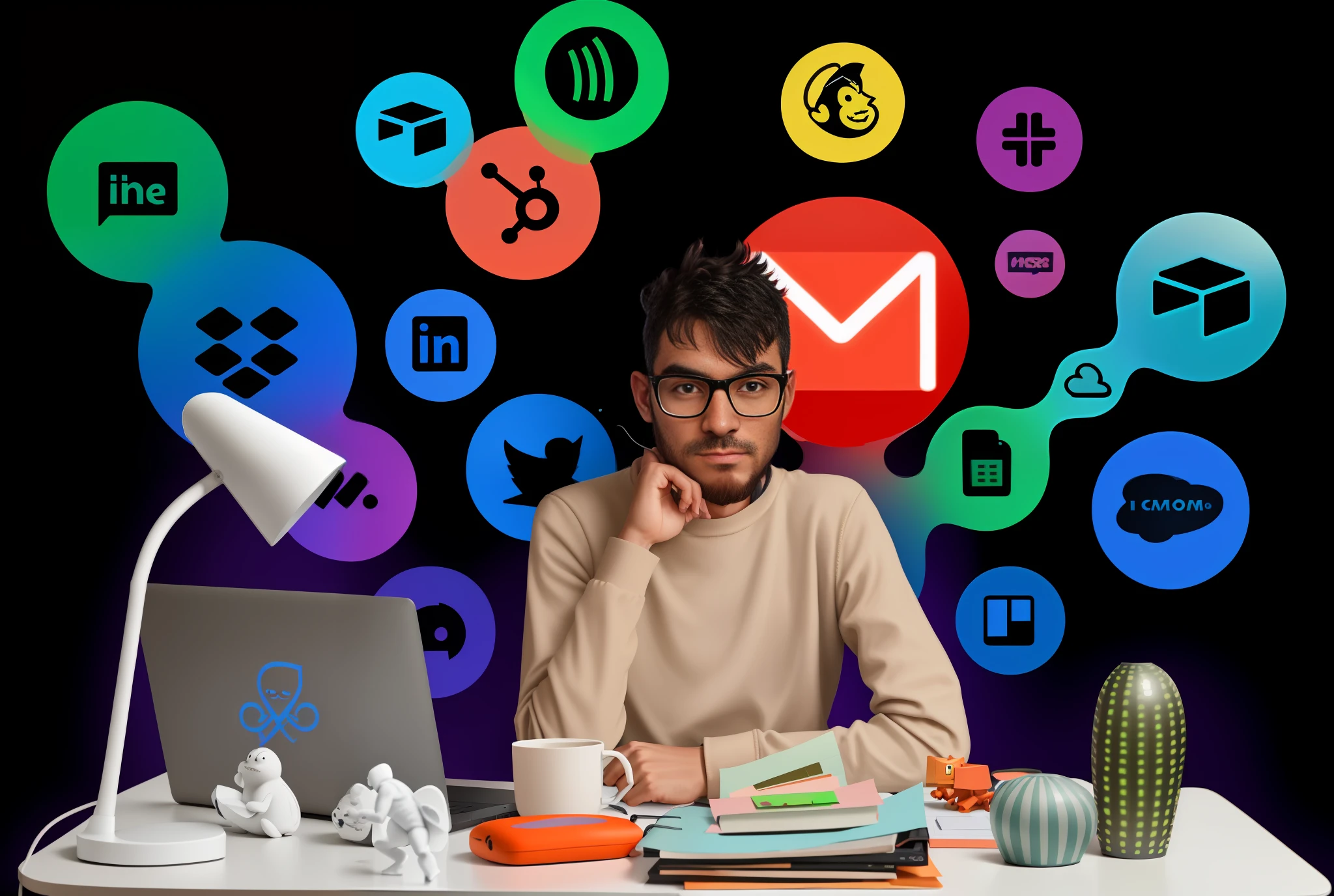man sitting at a desk with a laptop and a lamp, ad image, integrating with technology, impressive, vibrant and powerful image, insanely integrated, vibrant and dynamic, on a dark background, exploitable image, insanely integrate details, advertising photo, portrait shot, promotional image, focused center, avatar for website, professional, big view, take control of your data