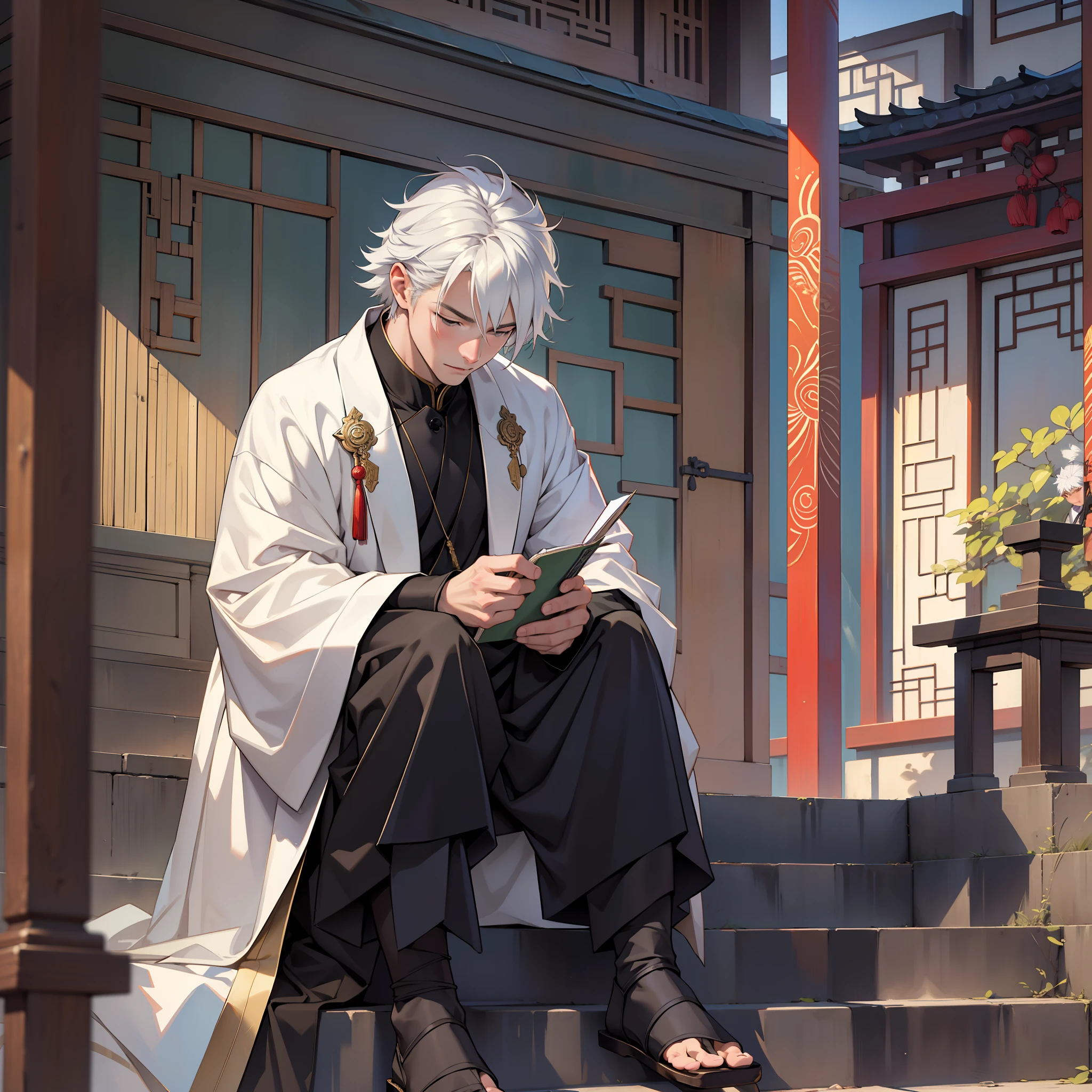 ((realistic: 1.5)),((best quality)), ((masterpiece)),((detailed)), man, young, white-haired, sitting on staircase, Chinese shrine, wearing black coat, writing in diary