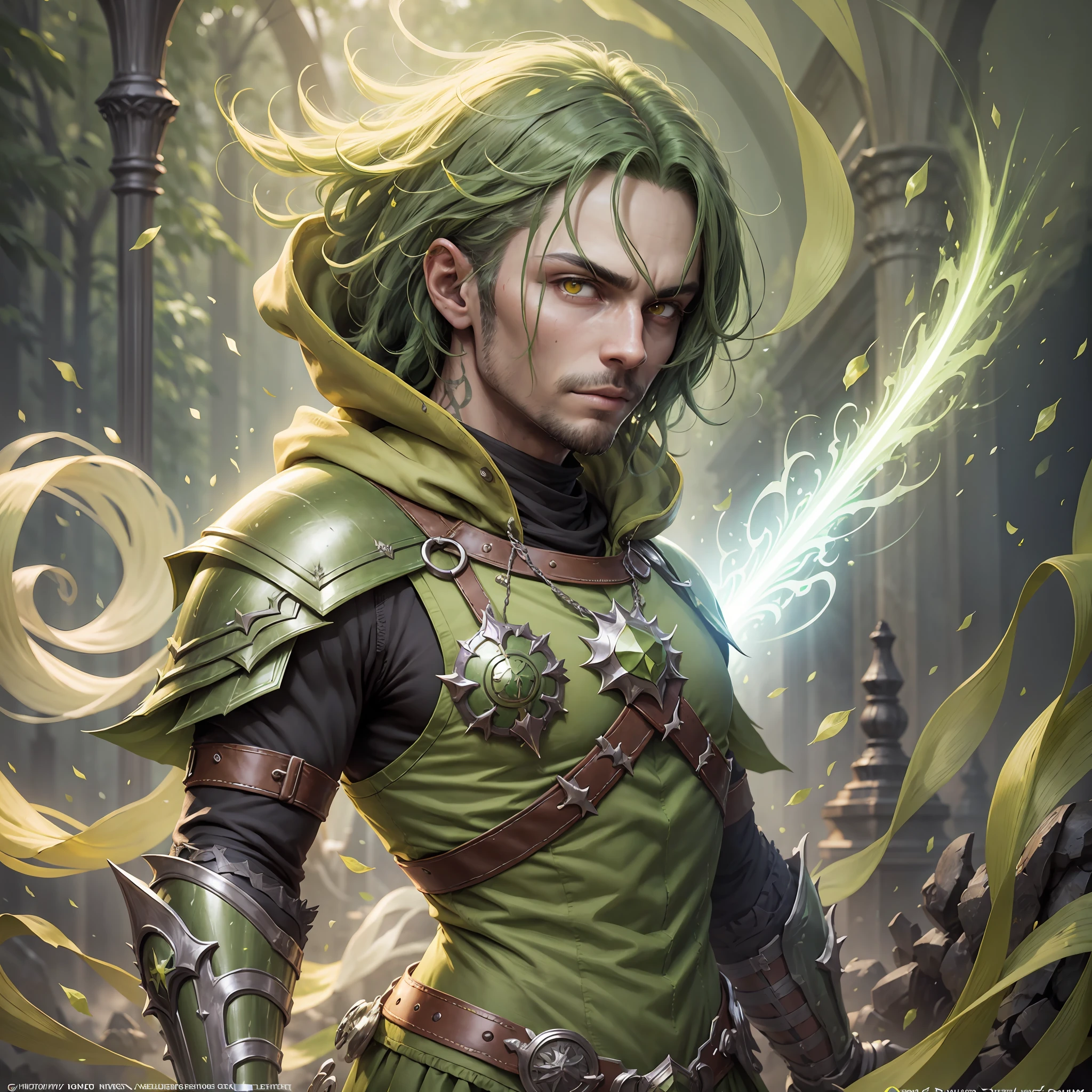 "(Green hair guy),(yellow eyes) with light green magical legendary armor], [illuminated green back cover, with green hood and green sword in the faces, yellow detail], soft lighting, proud pose." --auto --s2