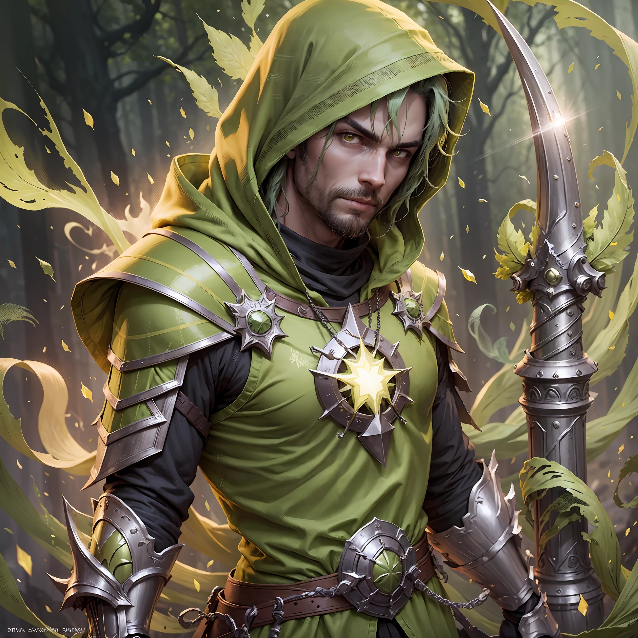 "(Green hair guy),(yellow eyes) with light green magical legendary armor], [illuminated green back cover, with green hood and green sword in the faces, yellow detail], soft lighting, proud pose." --auto --s2