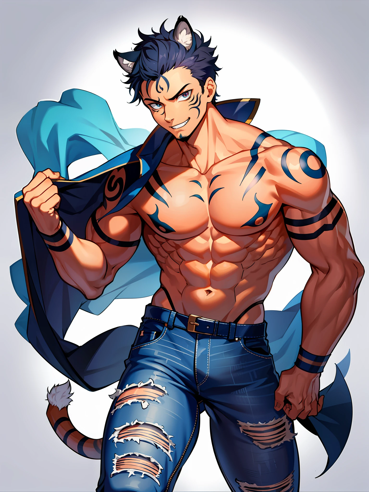 (masterpiece, best quality:1.2), solo, male focus, 1boy, sukuna, tattoo_on_his_face, manly, full body, dark blue hair, cowboy shot, anatomically correct, eye focus, tattoo_ryoumen, toned male, tiger ears, tight jeans,