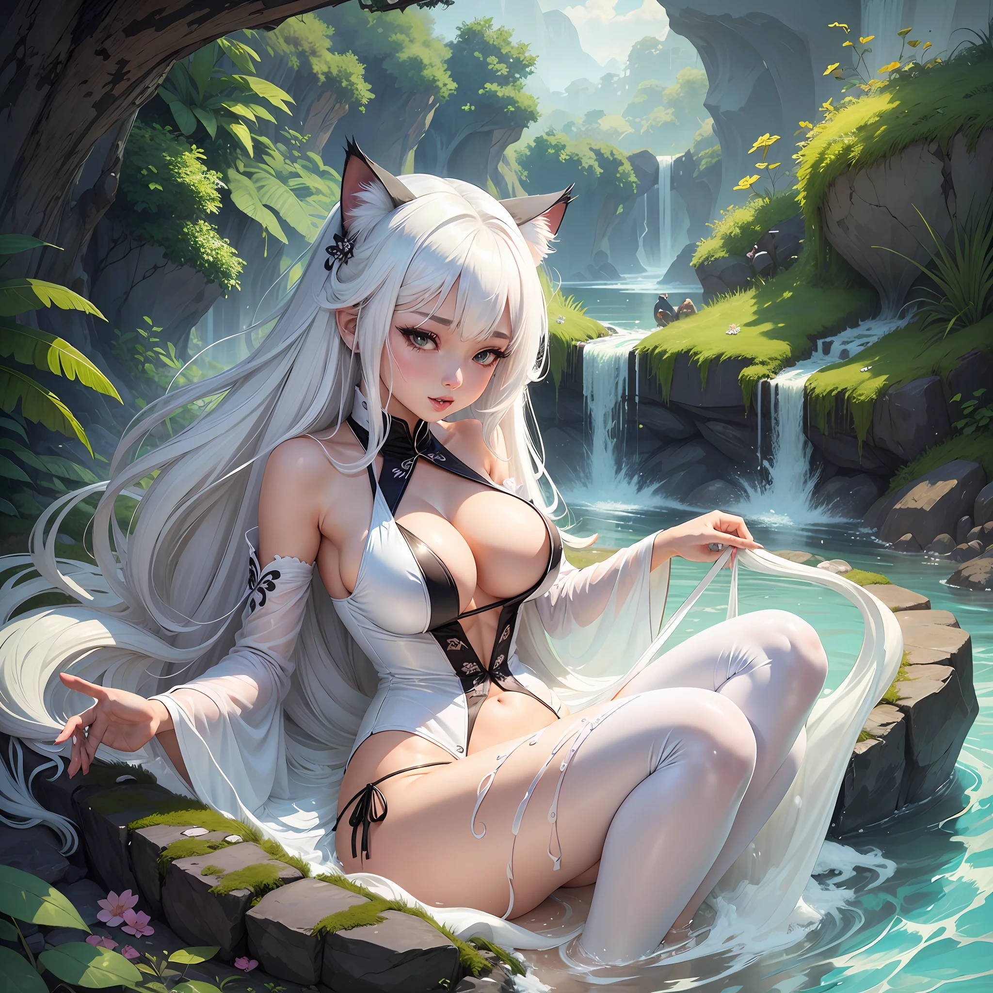Cat Girl Beauty Big Tits White Liquid Bathing Open Legs Long Hair White Hair Bikini Ecstatic Ao Dai