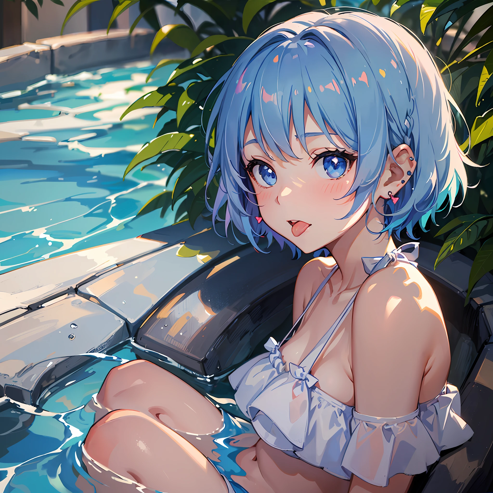 (Masterpiece)))), (Best Quality))), Hi-Res, Low Angle, (Upper Body), Facing the Viewer, Sitting on the Ground, Summer Heat (((Cute 1 Girl))), Solo, , , White Skin, Small, Octopods, (Light blue hair), (((Very short hair)), Pattsun bangs, Beautiful hair, Blue eyes, Beautiful detail eyes, (((Sticking out tongue)), blush, Wink, Heart, ( shoulder clothes), bikini, earrings, swimming pool, strong sunlight, shadow lighting,