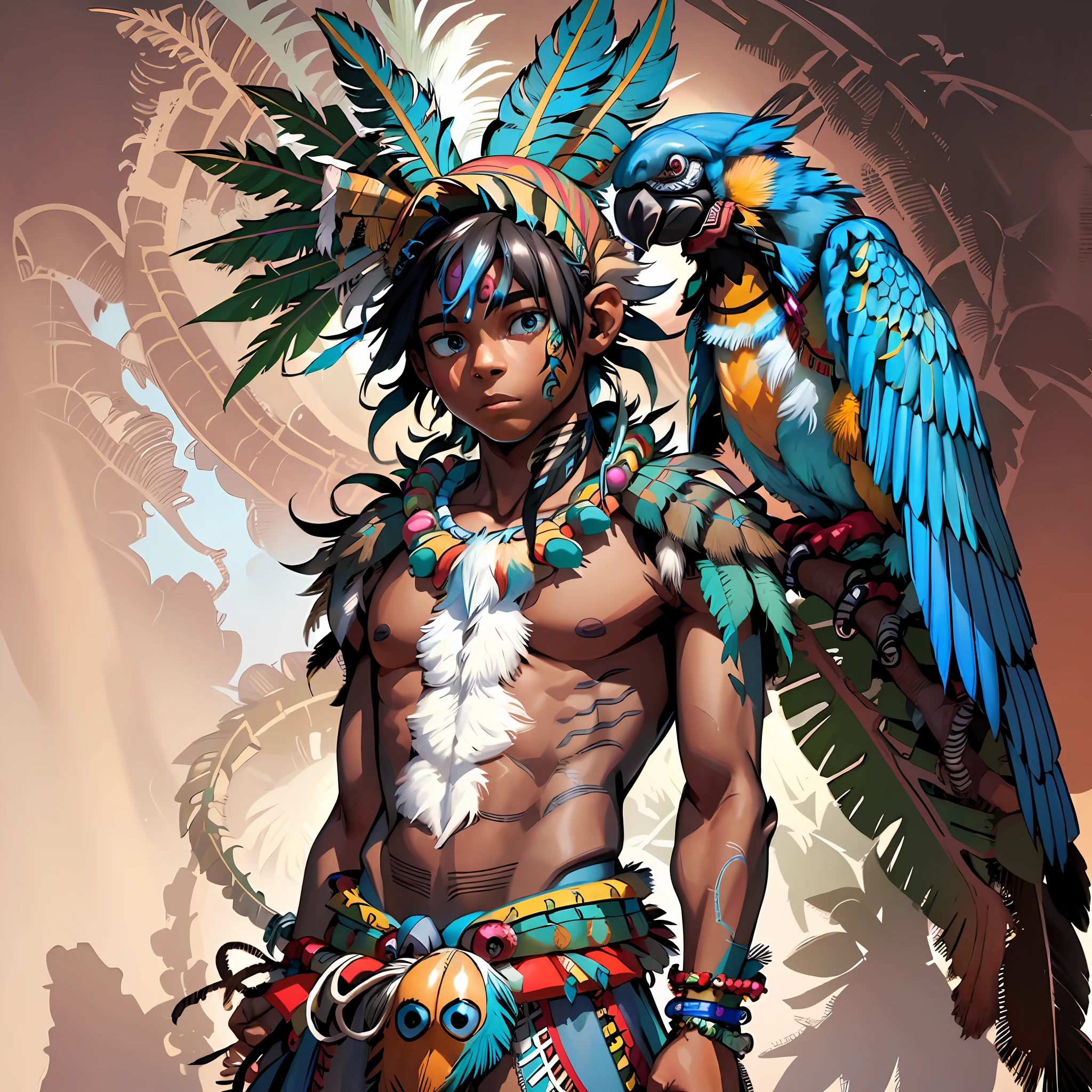 "1boy solo, Masterpiece, A majestic humanoid god with native brazilian indigenous brown skin, , adorned with some blue macaw simetric feathers, human body and face, macaw make-up; dressed in a tupi-guarani outfit, wearing a macaw crown, set against a simple background, Full body picture, cinematographic angle"