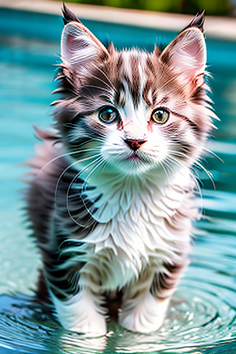 Cute Norwegian Forest Cat kitten, swimming in the pool