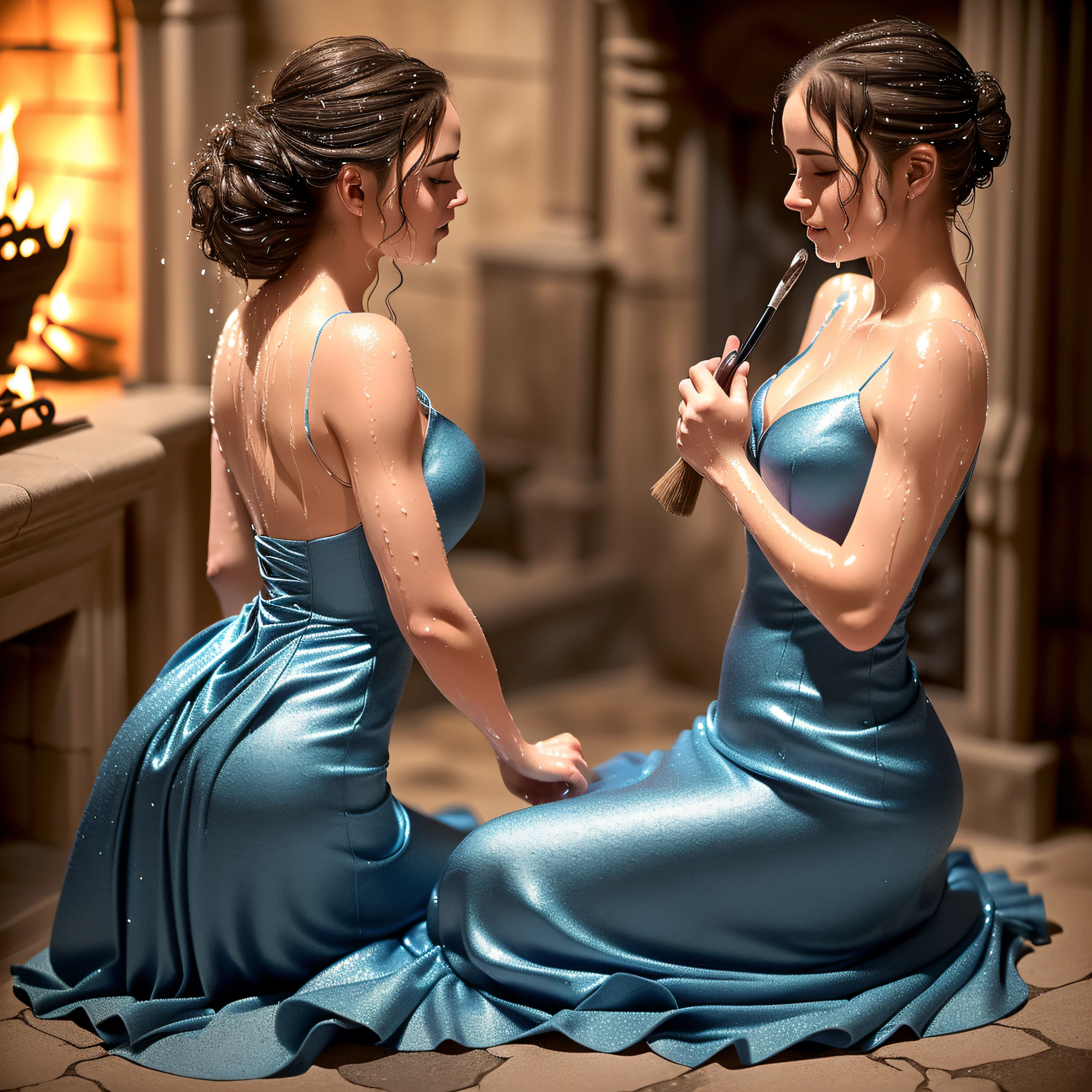 Cinderella, dressed still in her sparkling blue satin ballgown, kneels on the stone floor by the fireplace, scrubbing the caked-on dirt and grime with a brush. Her once-gleaming glass slippers are now scuffed and dirt-stained, but she hasn't bothered to take them off, her focus solely on the task at hand. Her hair, once styled in an elegant updo, has come undone, and strands of brown hair fall haphazardly around her flushed cheeks. She still wears her long, white satin gloves, now stained with soot and grime. Her face is smudged with soot and dirt, but her eyes still sparkle with the memory of the magical evening. Her movements are slow and deliberate, as if she is lost in thought, her mind still reeling from the events of the night. She continues to scrub the floor, a small smile playing at the corners of her lips. (((drenched))) (((soaked))) (((wet hair))) (((wet dress)))