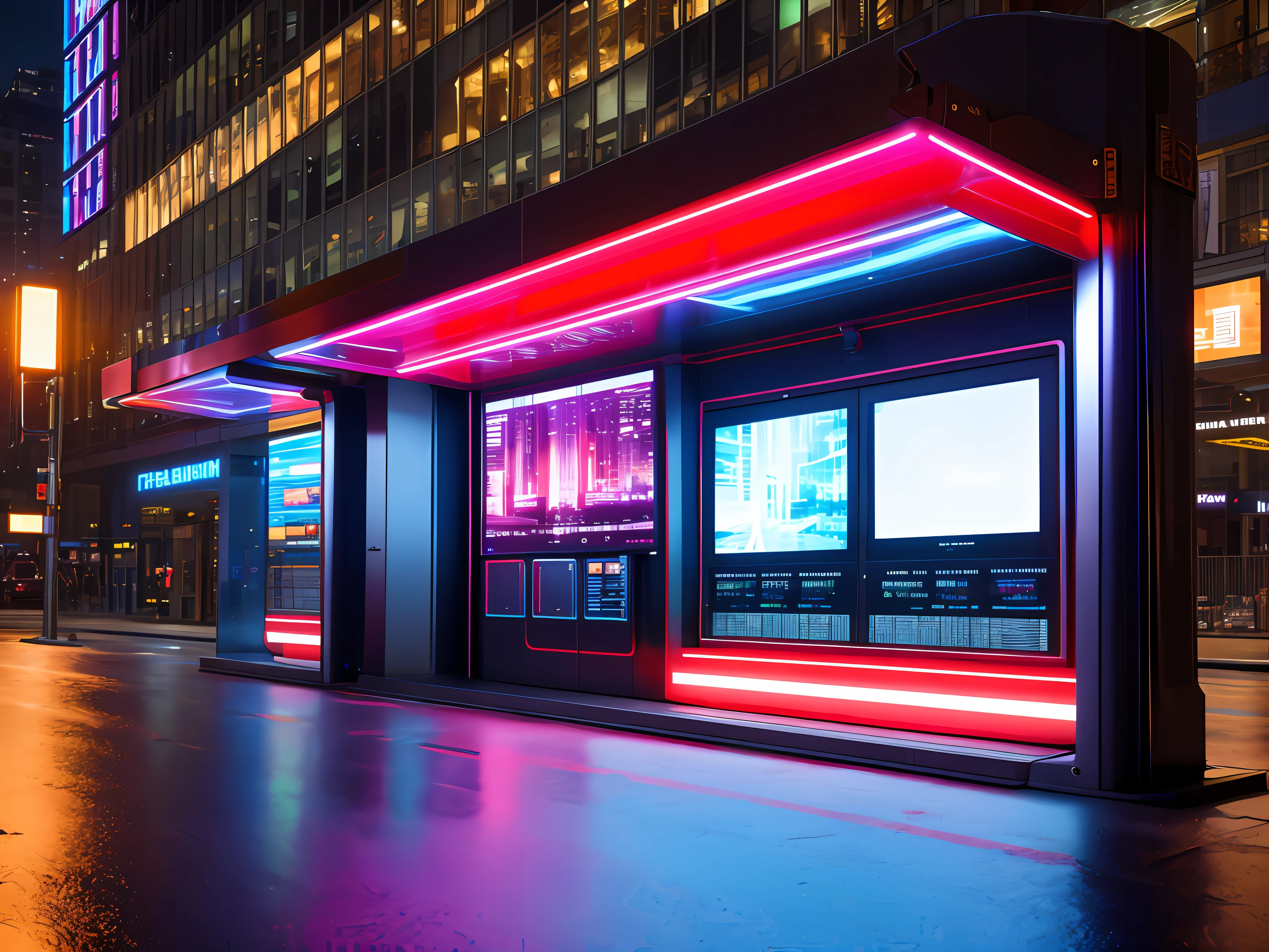 Photo RAW, a portrait of futuristic minimalist design glassy bus stop with big led display with futuristic image of a robot movie at the futuristic busy city, (screen displays:1.2), high quality, highest quality, 4k, 8k, professional lighting, somewhere. Dawn and rainy weather. Ultra detailed, 8K, HDR, Octane Render, Redshift, Unreal Engine 5. Professionally graded color, atmosphere, incredible depth, rich colors, powerful images, psychedelic connotations, (highly detailed skin: 1.2), 8k uhd, dslr, soft lighting, high quality, film grain, Fujifilm XT3