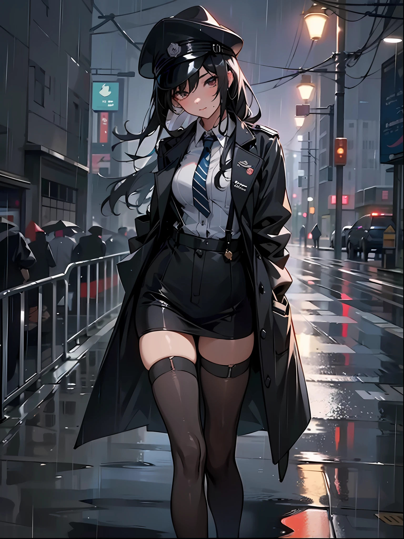 (Best Quality, Masterpiece: 1.3), 1 Girl, this painting depicts a woman in a police uniform standing in the rain, presenting the image of a police officer, she looks particularly dignified in the rain. She has jet black hair that adds to her charm, rainy day, holding an umbrella, looking at the audience, cyberpunk city, anime girl walking on rain-drenched streets in a policewoman uniform, seductive anime girl, correct proportions, Japan, Tokyo, suspender black socks on legs, delicate, night