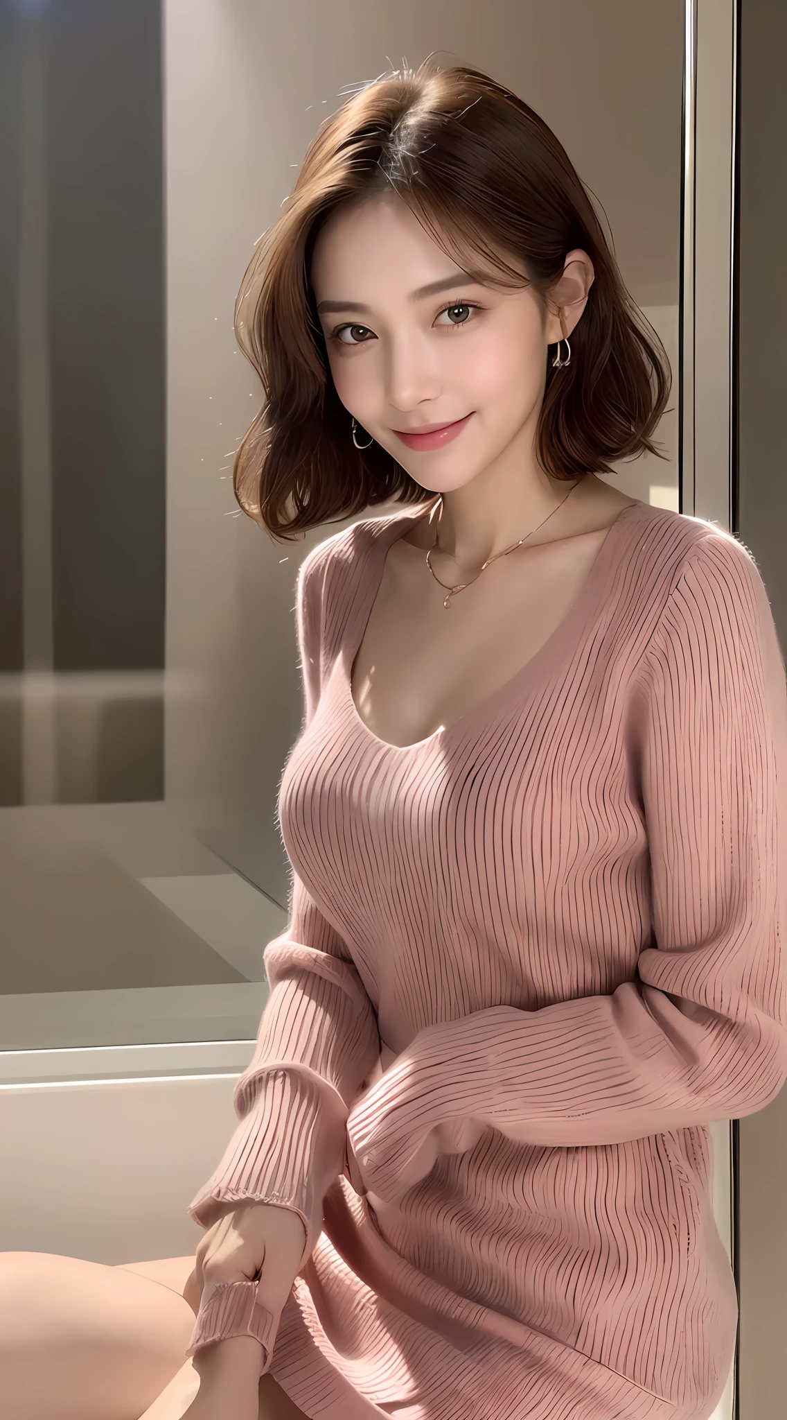 ((Night, Realistic Light, Best Quality, 8K, Masterpiece: 1.3)), 1girl, Slim Beauty: 1.4, Abs: 1.1, (Brown hair, Medium breasts: 1.3), Long pink sweater: 1.1, Bathroom, Super fine face, Delicate eyes, Double eyelids, smile, necklace