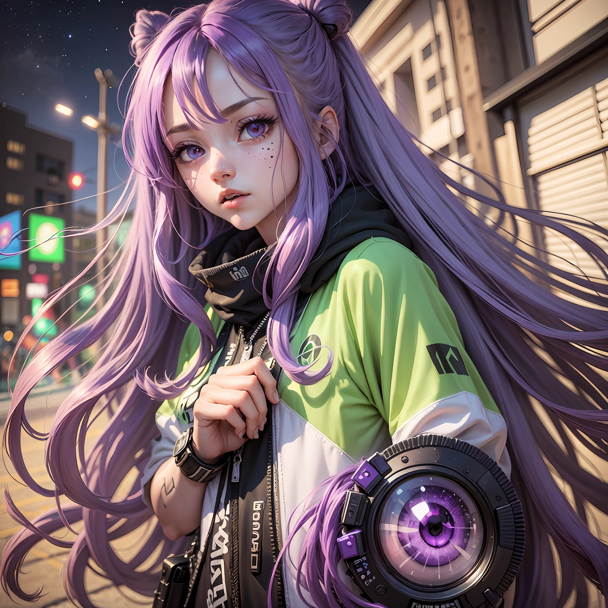 Long purple hair with some red, clear and crystal clear eyes, hair, hair blown by the wind, moles in the left and right corners of the eyes, green pupils, chewing bubble gum, jellyfish-like eyes, contact lenses with stars, graffiti bridge hole as background, simple hand-drawn anime style, intentional, ray tracing, high detail, best quality, 8K --auto --s2