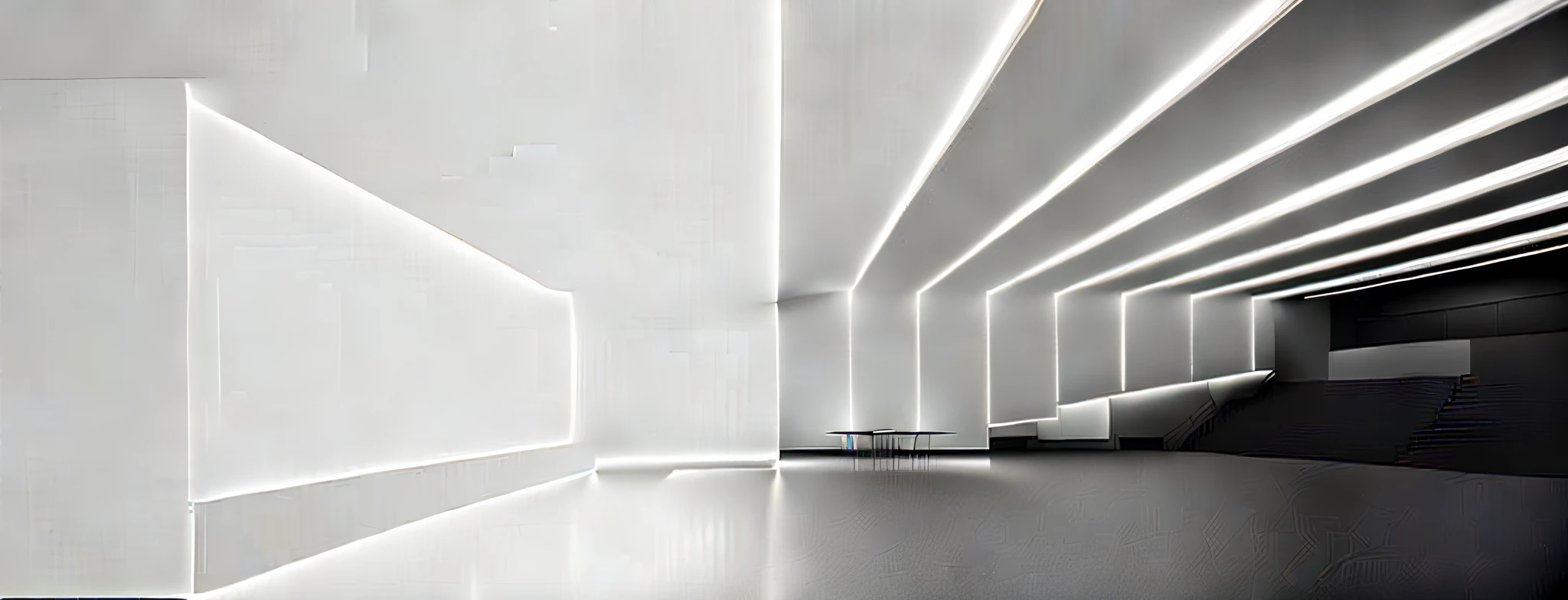 Room close-up with lots of lights on the ceiling, white minimalist architecture, white neon lights, white gallery, futuristic hall, interior limit space, futuristic lighting, empty space surrounding, museum diffuse lighting, white room interior, white lighting, minimalist architecture, light and space