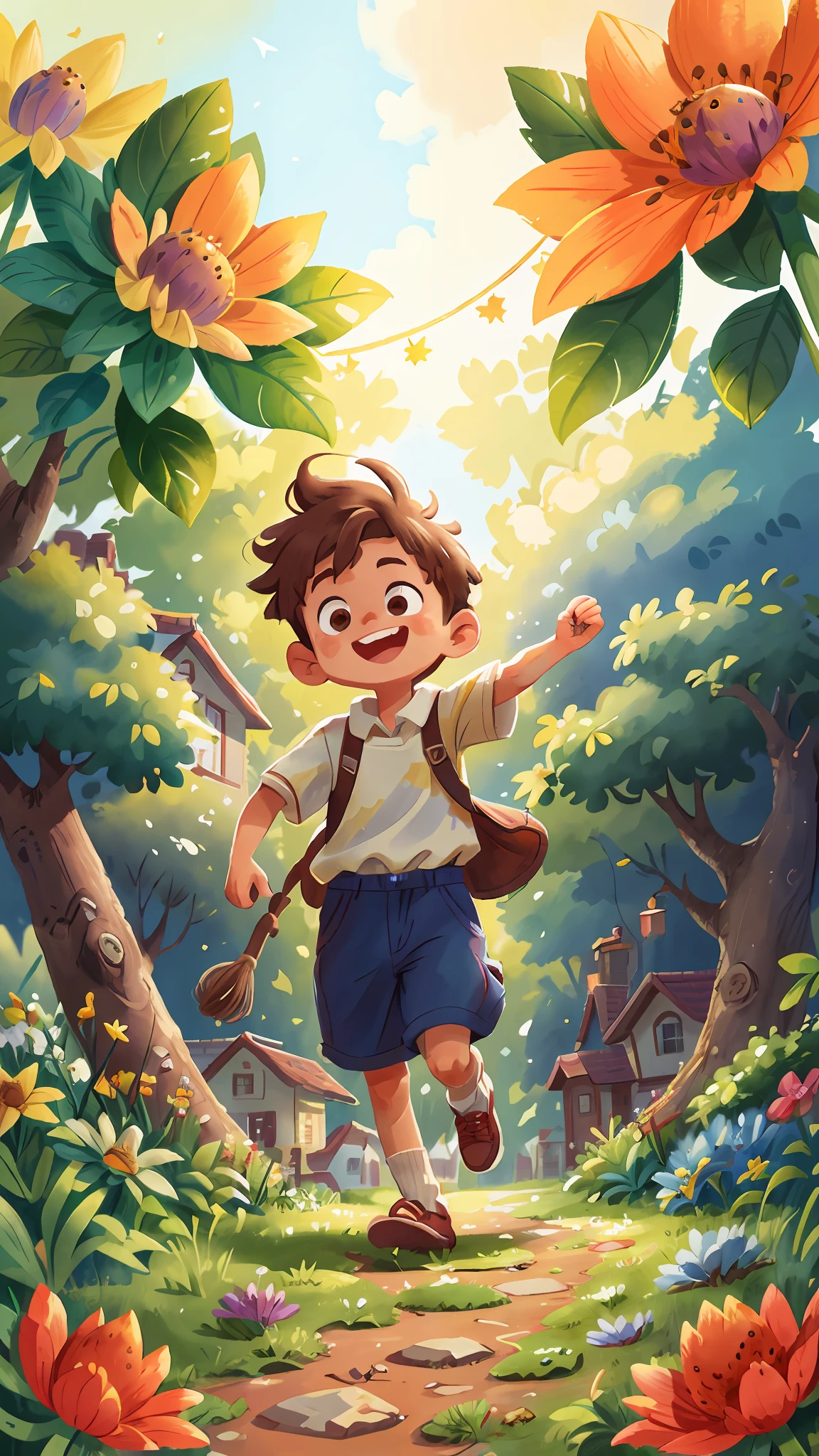 Watercolour. Boy, brown haired, smiling, very cheerful, running, wearing a gardener and white blouse, seen from the back, he is parroting. Full body, the background is a beautiful and cozy country house, garden with flowers, sunny, perfect quality, (mess-house: 0.8), (masterpiece: 1.2) (Realistic: 1.2) (Bokeh) (Best quality) (Detailed skin: 1.3) (Intricate details) (8K) (Detail eyes) (Sharp focus), (Happy)