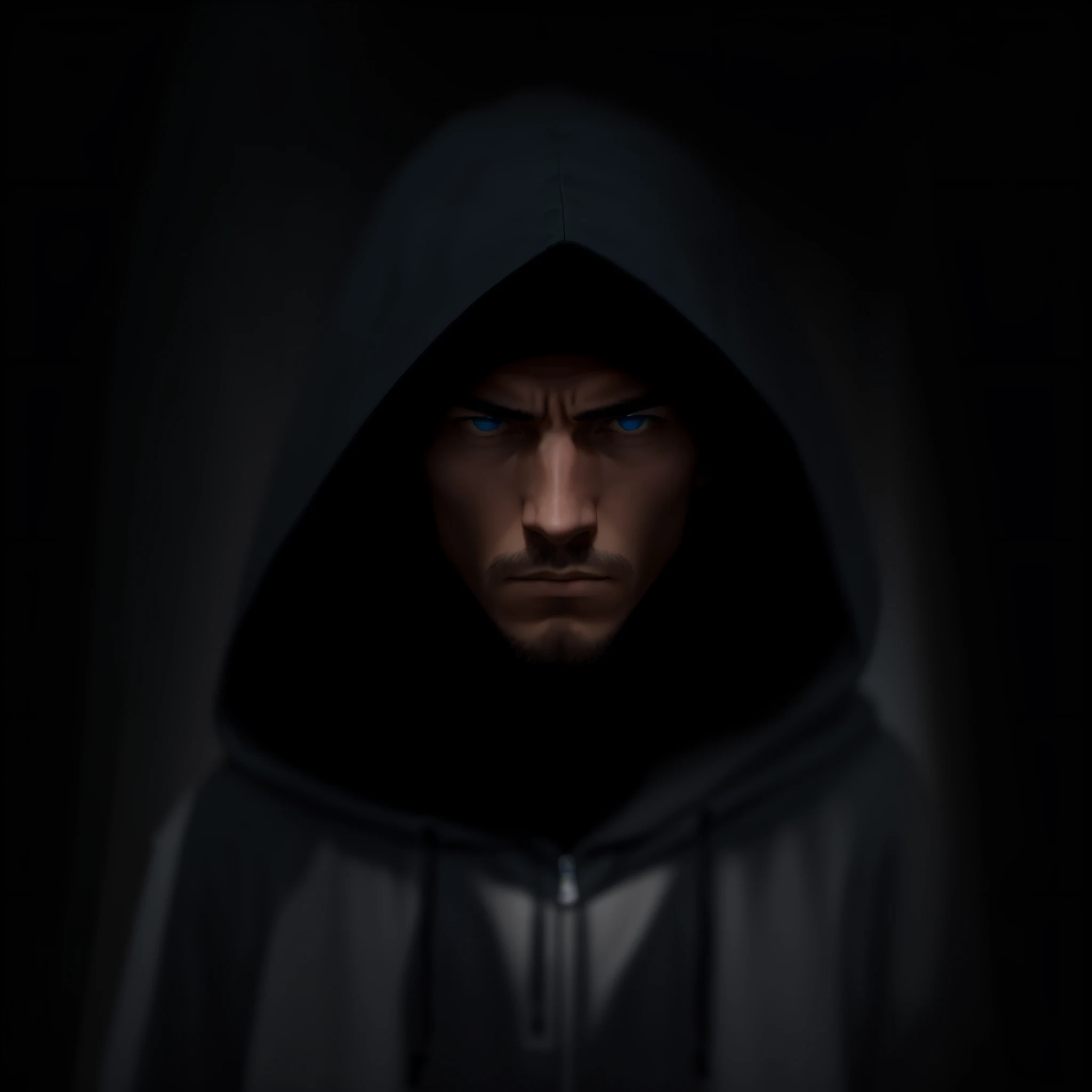 Man looking straight ahead, hooded, you can't see his face clearly. Dark background, light coming from behind him. --auto --s2