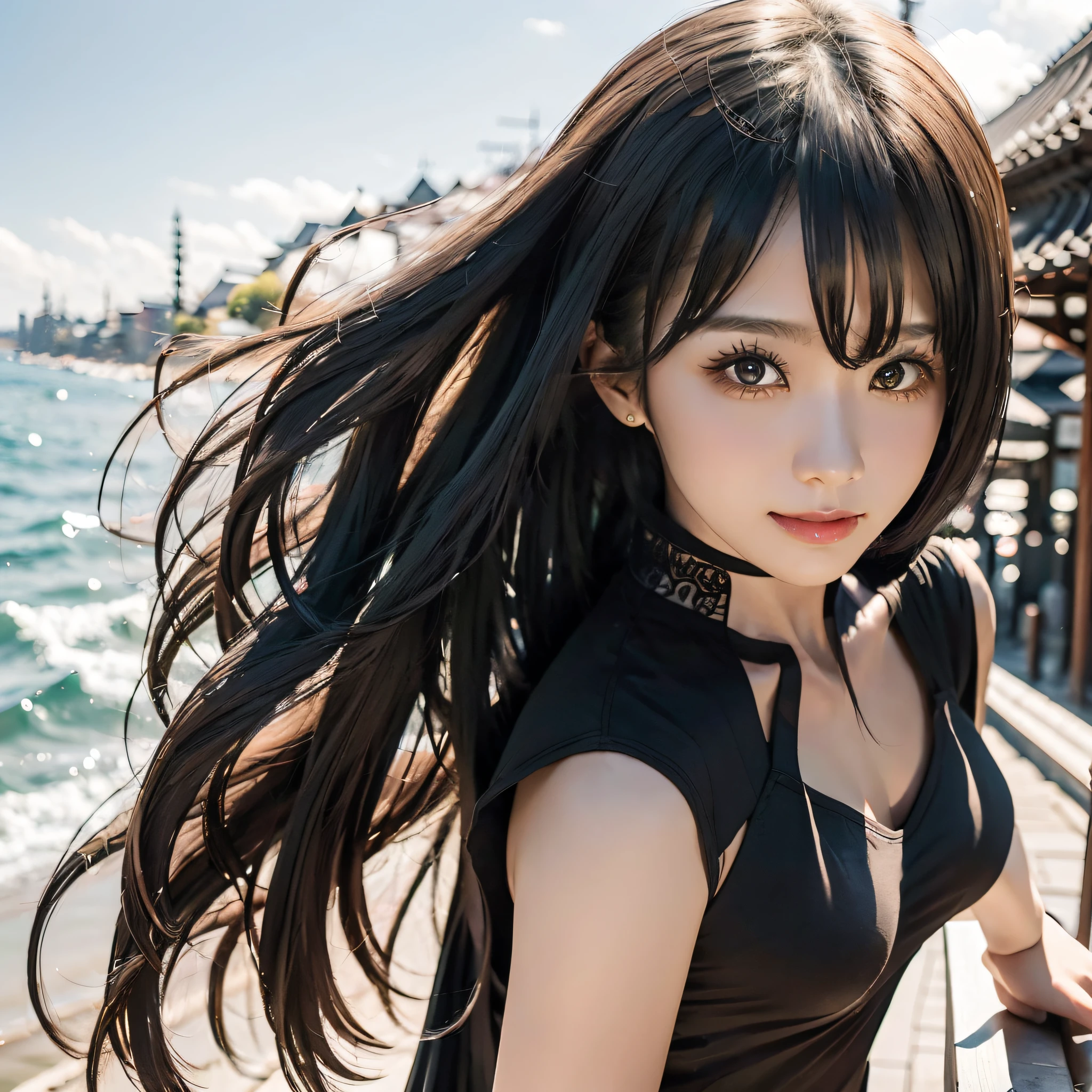 person girl, solo, very detailed, ultra detailed, ultra high definition, (photorealistic: 1.4), (best quality), (best shadow), detail, perfect lighting, black hair, long hair, (small: 1.2), Japan person, 28 years old, smile, turned around pose, attractive pose, full body shot, seaside date