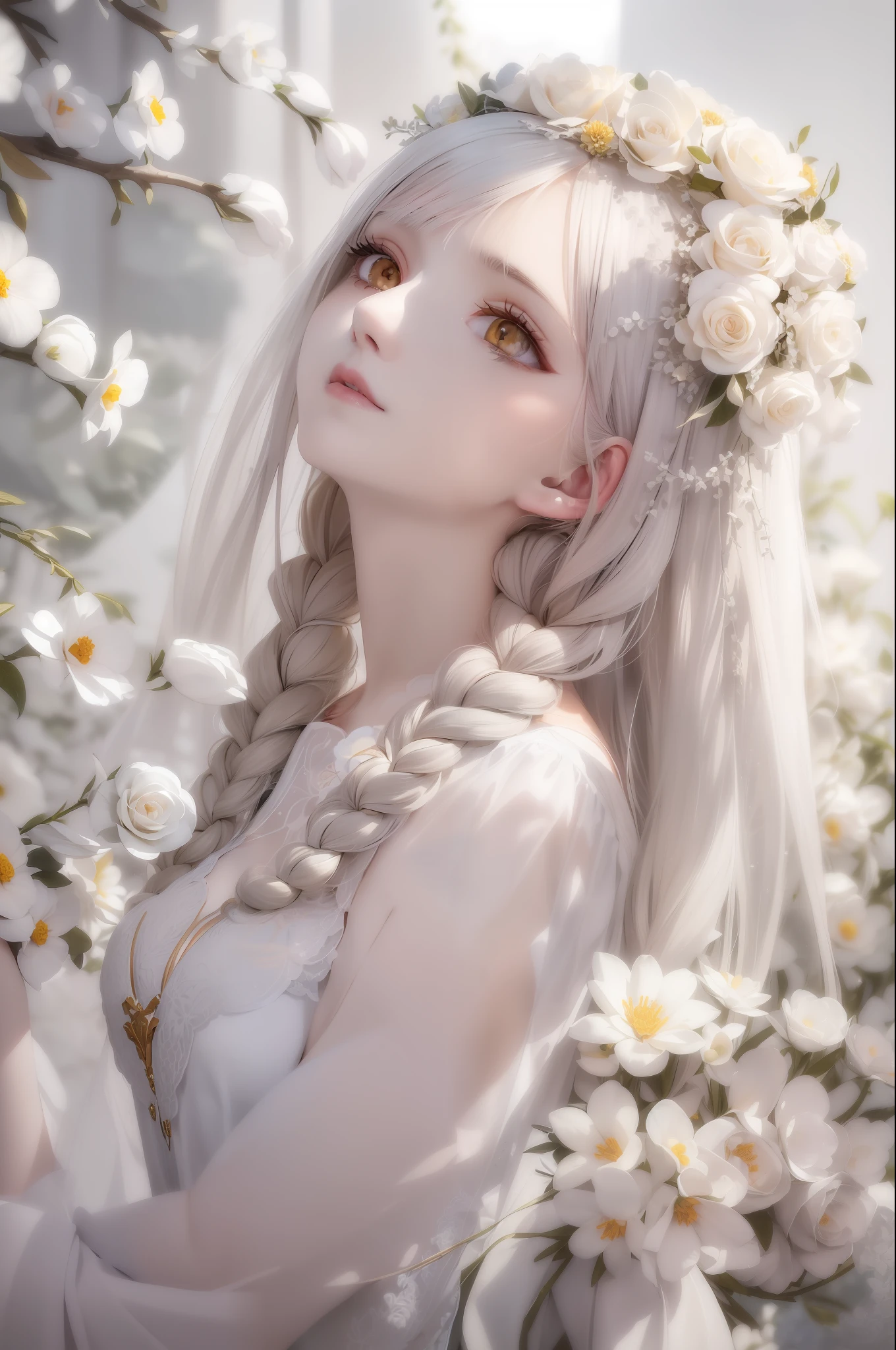 (((Superb Masterpiece))), Gray Hair, ((Golden Eyes)), ((Delicate Gothic White), ((Looking Up)), Upper Body, ((Hair)), ((Fair Skin)), Side Braids, ((Full of Flowers)), Sunny