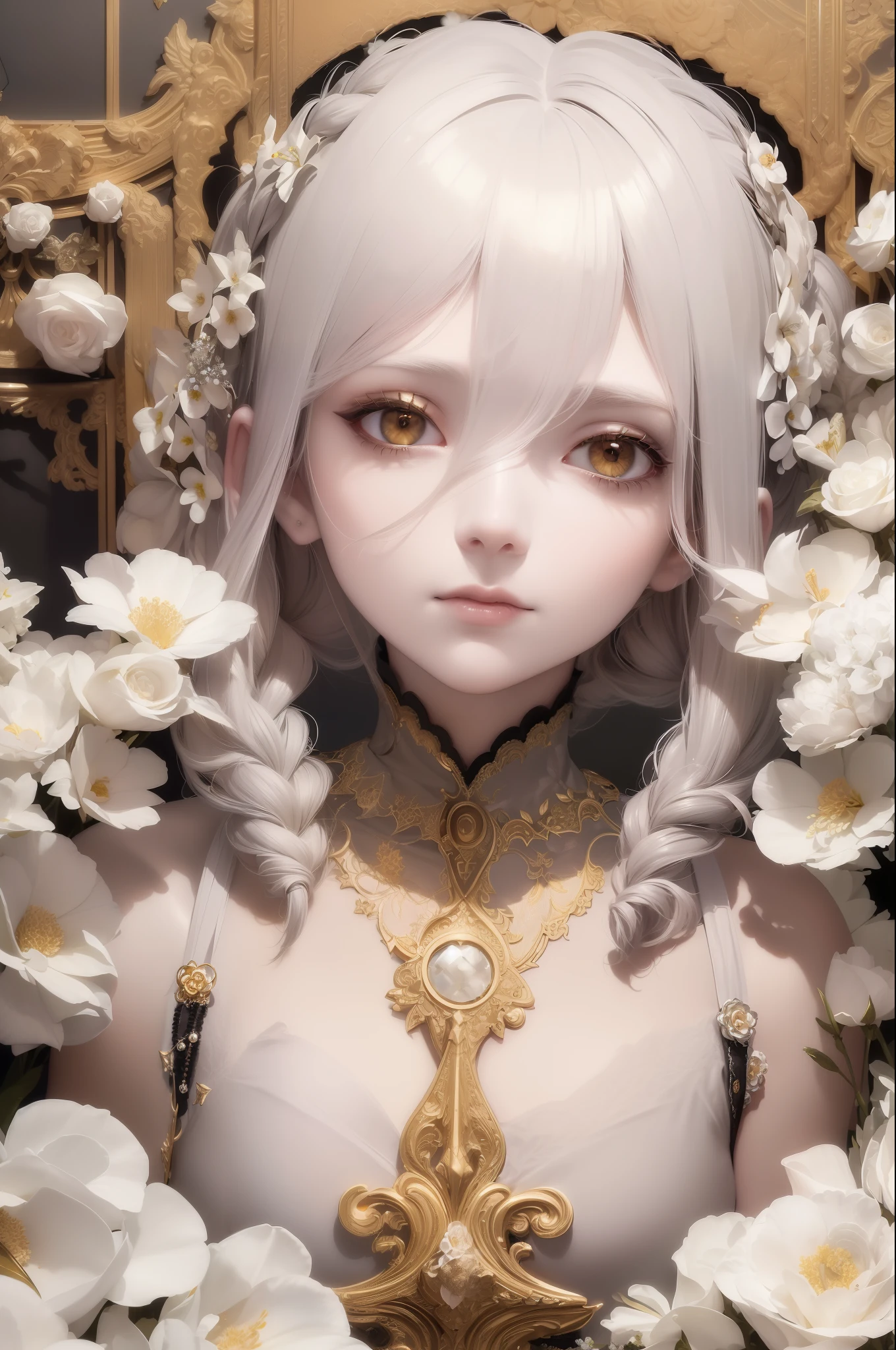(((Superb Masterpiece))), Gray Hair, ((Golden Eyes)), ((Delicate Gothic Style White)), ((Looking Up)), Upper Body, ((Hair)), ((Fair Skin)), Side Braids, ((Full of Flowers)), Sunny, Wallpaper, Ultra Detailed, Beautiful and Aesthetic, Masterpiece, Best Quality, (Fractal Art: 1.3)