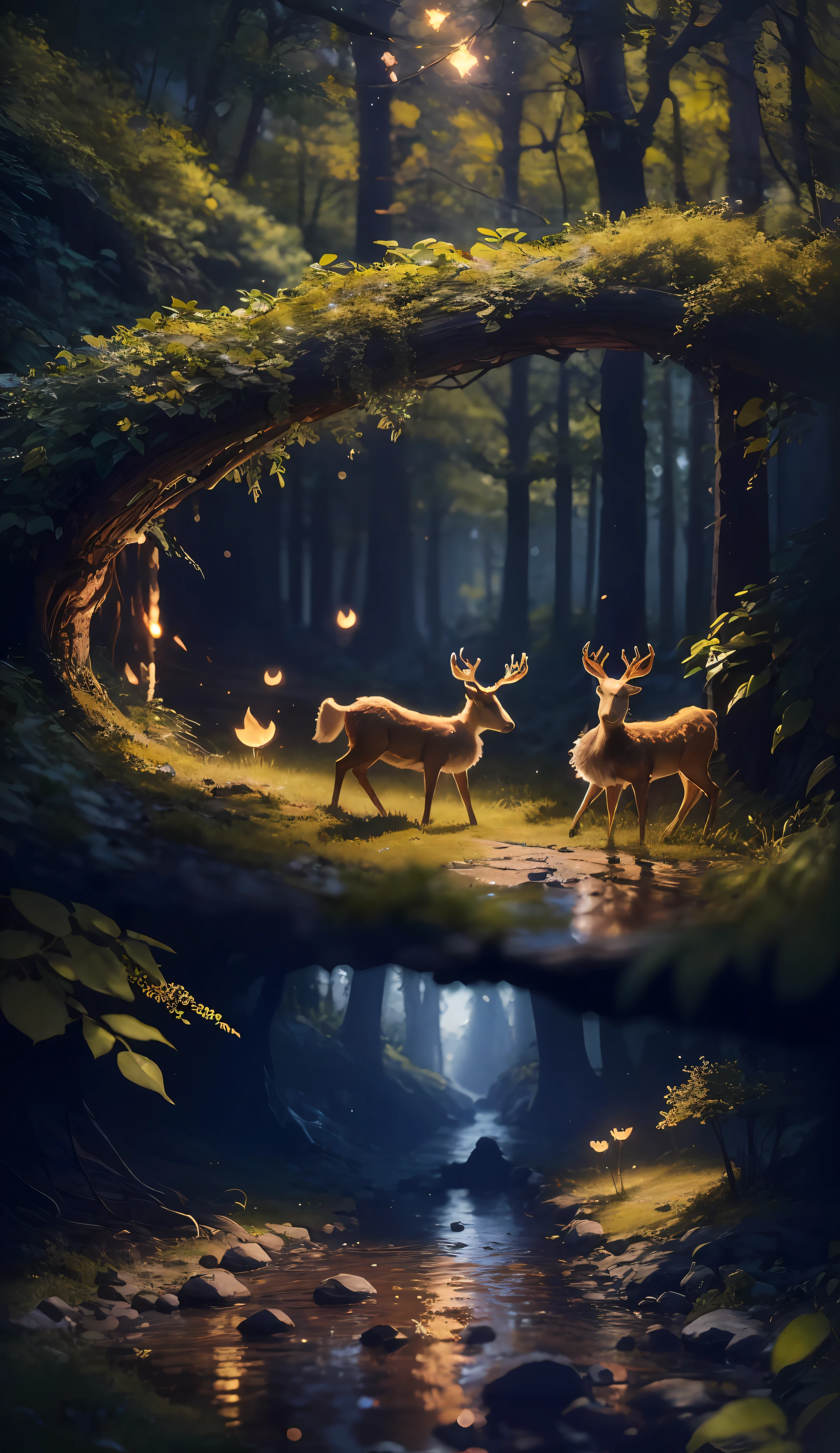 Masterpiece, best quality, (very detailed CG unified 8k wallpaper), (best quality), (best illustration), (best shadow), glowing deer, a beautiful little girl playing with deer, natural elements in forest theme. Mysterious forest, beautiful forest, nature, surrounded by flowers, delicate leaves and branches surrounded by fireflies (natural elements), (jungle theme), (leaves), (branches), (fireflies), (particle effects) and other 3D, Octane rendering, ray tracing, super detailed --auto --s2