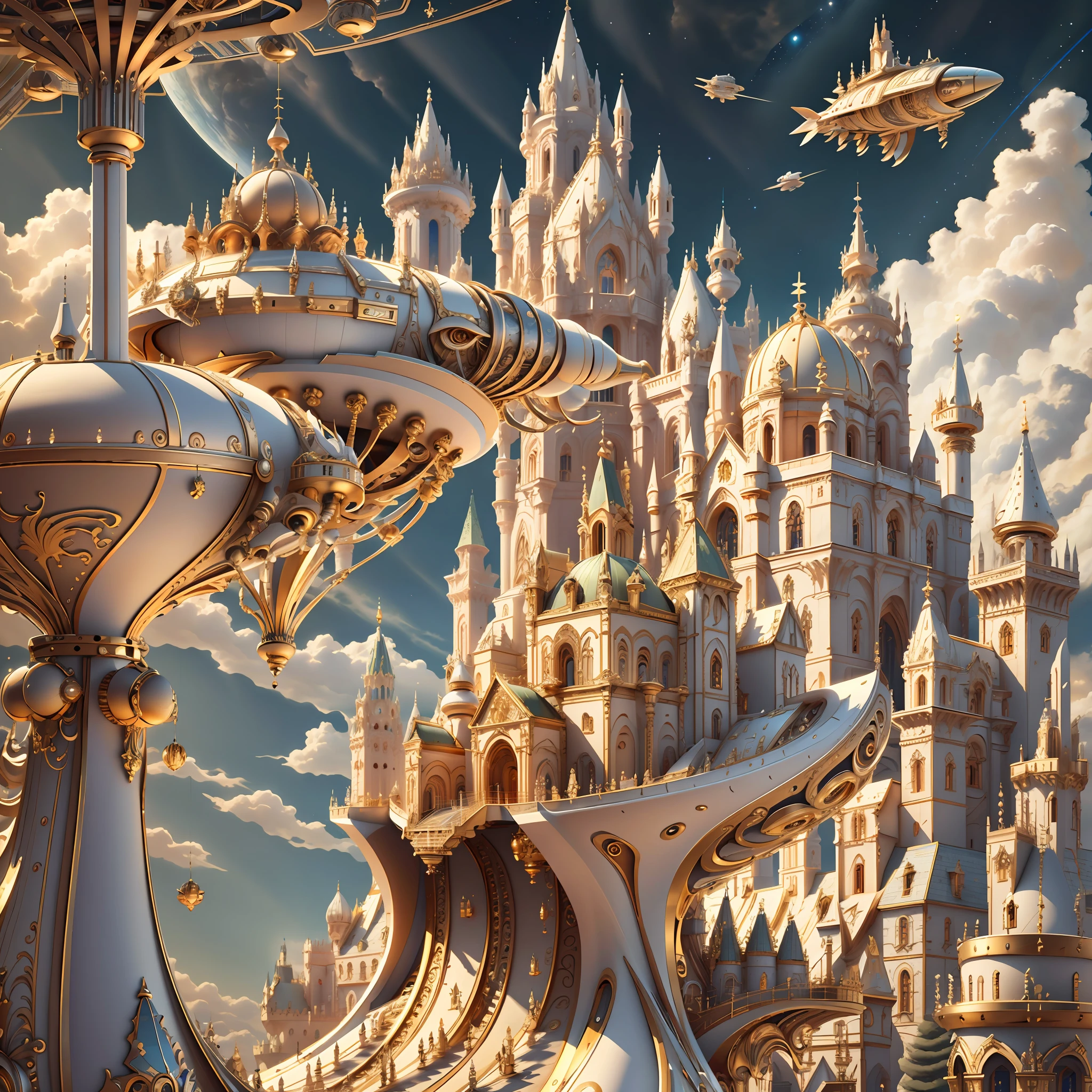 IvoryGoldAI spaceship in space, castle complex in the background, extremely detailed, masterpiece, 8k quality
