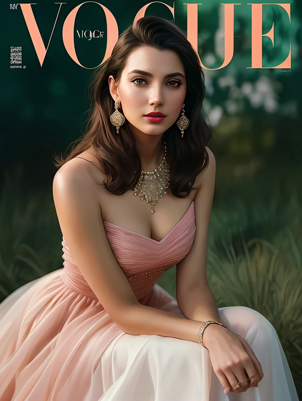 photo of a stunning woman in the cover of a fashion magazine, long messy windy hair, green eyes, (Vogue magazine cover:1.3), (pervpulp15:1.2), modelshoot style, (extremely detailed CG unity 8k wallpaper), photo of the most beautiful artwork in the world, professional majestic oil painting by Ed Blinkey, Atey Ghailan, Studio Ghibli, by Jeremy Mann, Greg Manchess, Antonio Moro, trending on ArtStation, trending on CGSociety, Intricate, High Detail, Sharp focus, dramatic, photorealistic painting art by midjourney and greg rutkowski, (sexy pink dress:1.1), (looking at viewer), (detailed pupils:1.3), (modern outfit:1.2), (closeup), red lips, (earrings), (fashion magazine logo), (magazine text), (magazine title:1.1)