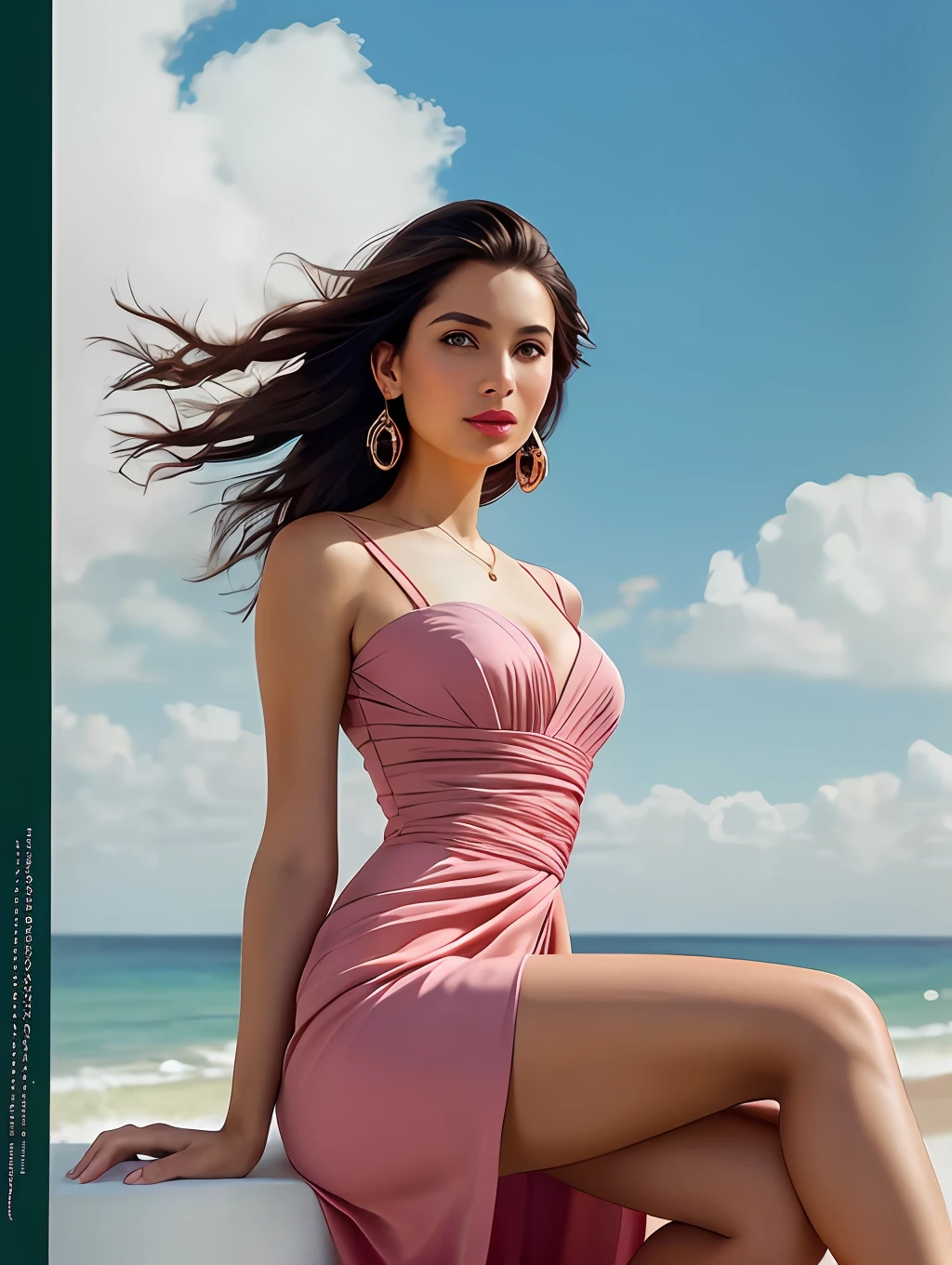 photo of a stunning woman in the cover of a fashion magazine, long messy windy hair, green eyes, (Vogue magazine cover:1.3), (pervpulp15:1.2), modelshoot style, (extremely detailed CG unity 8k wallpaper), photo of the most beautiful artwork in the world, professional majestic oil painting by Ed Blinkey, Atey Ghailan, Studio Ghibli, by Jeremy Mann, Greg Manchess, Antonio Moro, trending on ArtStation, trending on CGSociety, Intricate, High Detail, Sharp focus, dramatic, photorealistic painting art by midjourney and greg rutkowski, (sexy pink dress:1.1), (looking at viewer), (detailed pupils:1.3), (modern outfit:1.2), (closeup), red lips, (earrings), (fashion magazine logo), (magazine text), (magazine title:1.1)